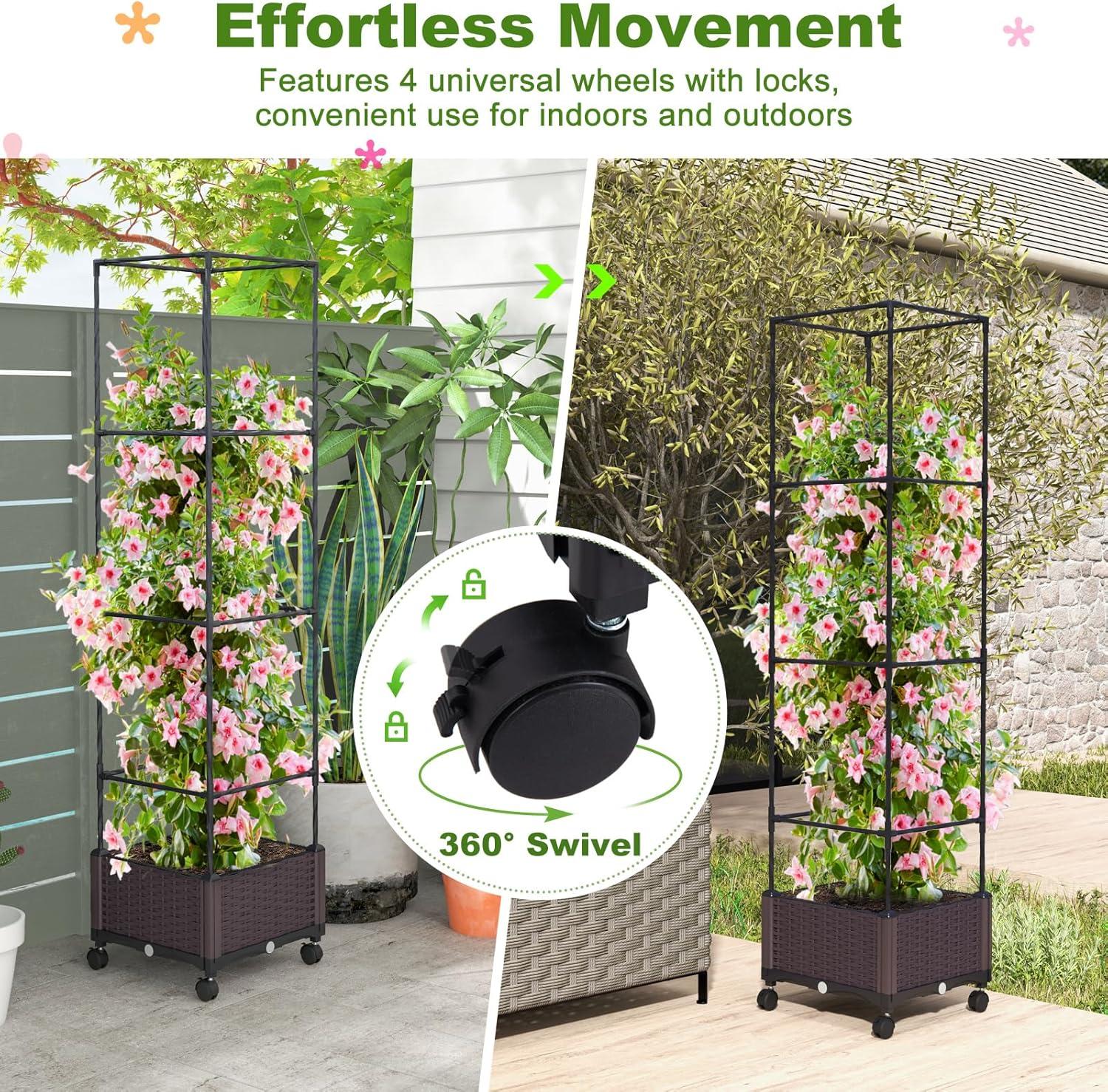 image:imageGiantex Raised Garden Bed with Tomato Cages 67 Adjustable Height Self Watering Planter Garden Box with Wheels Trellis for Climbing Plants Vegetable Flower2
