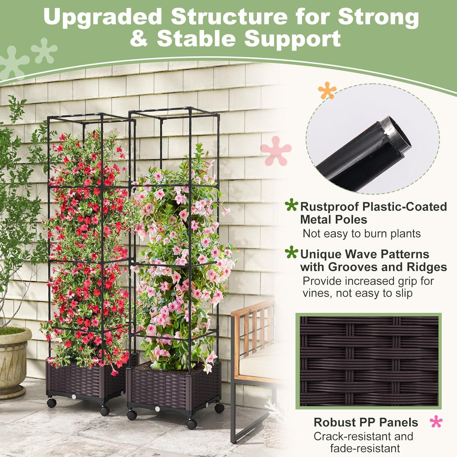 image:imageGiantex Raised Garden Bed with Tomato Cages 67 Adjustable Height Self Watering Planter Garden Box with Wheels Trellis for Climbing Plants Vegetable Flower1