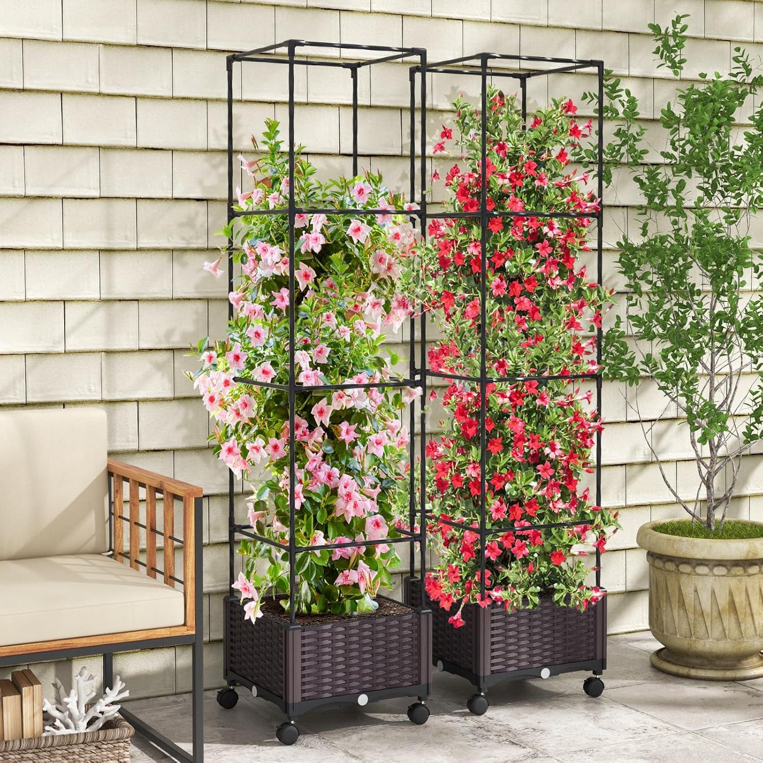 image:imageGiantex Raised Garden Bed with Tomato Cages 67 Adjustable Height Self Watering Planter Garden Box with Wheels Trellis for Climbing Plants Vegetable Flower1