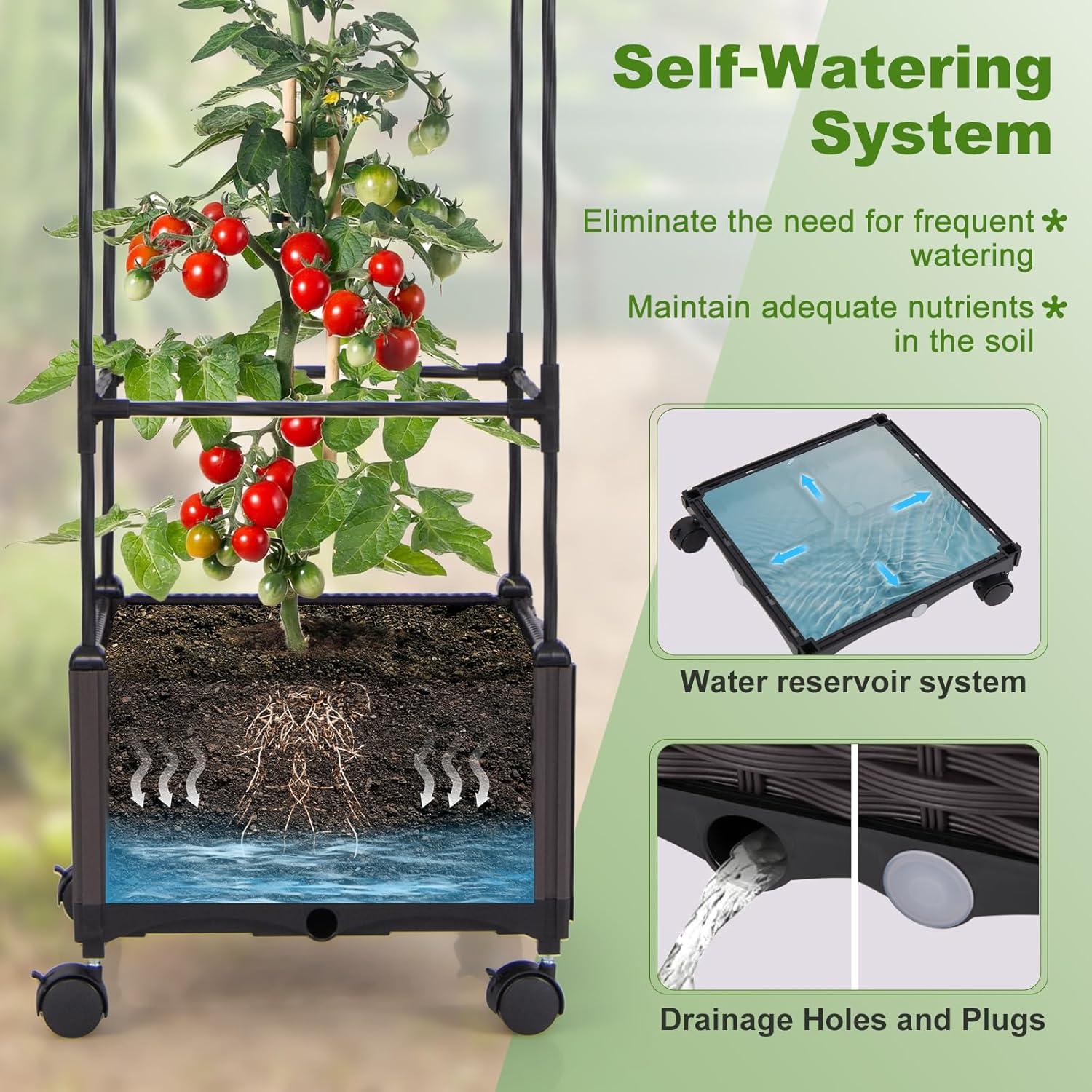 image:imageGiantex Raised Garden Bed with Tomato Cages 67 Adjustable Height Self Watering Planter Garden Box with Wheels Trellis for Climbing Plants Vegetable Flower1