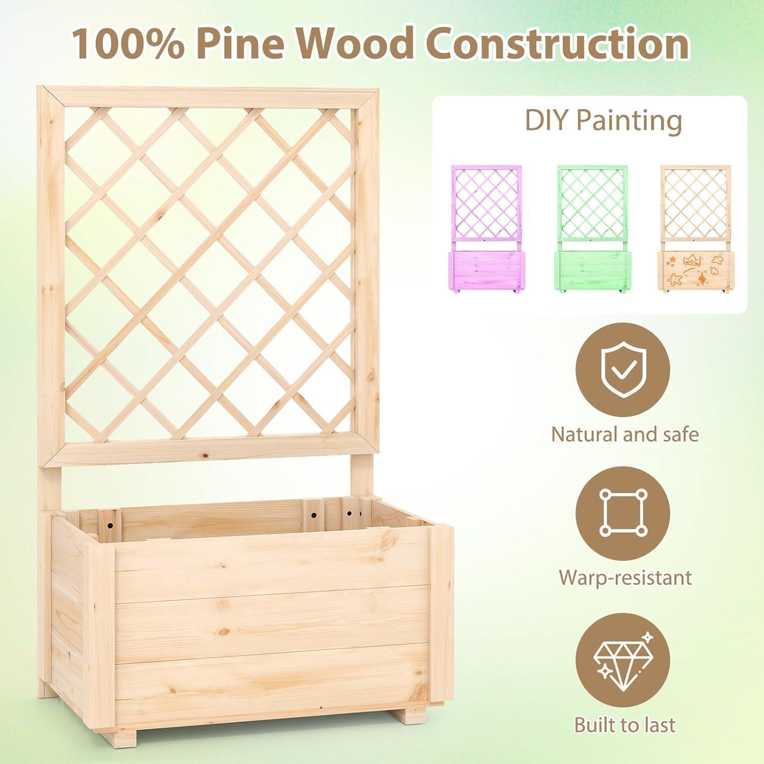 image:imageGiantex Raised Garden Bed with Trellis Drainage Hole Wood Elevated Planter Box for Climbing Vine Flower Herb Vegetable Fruit Planting Container for Indoor Outdoor Patio Balcony 39x14x402