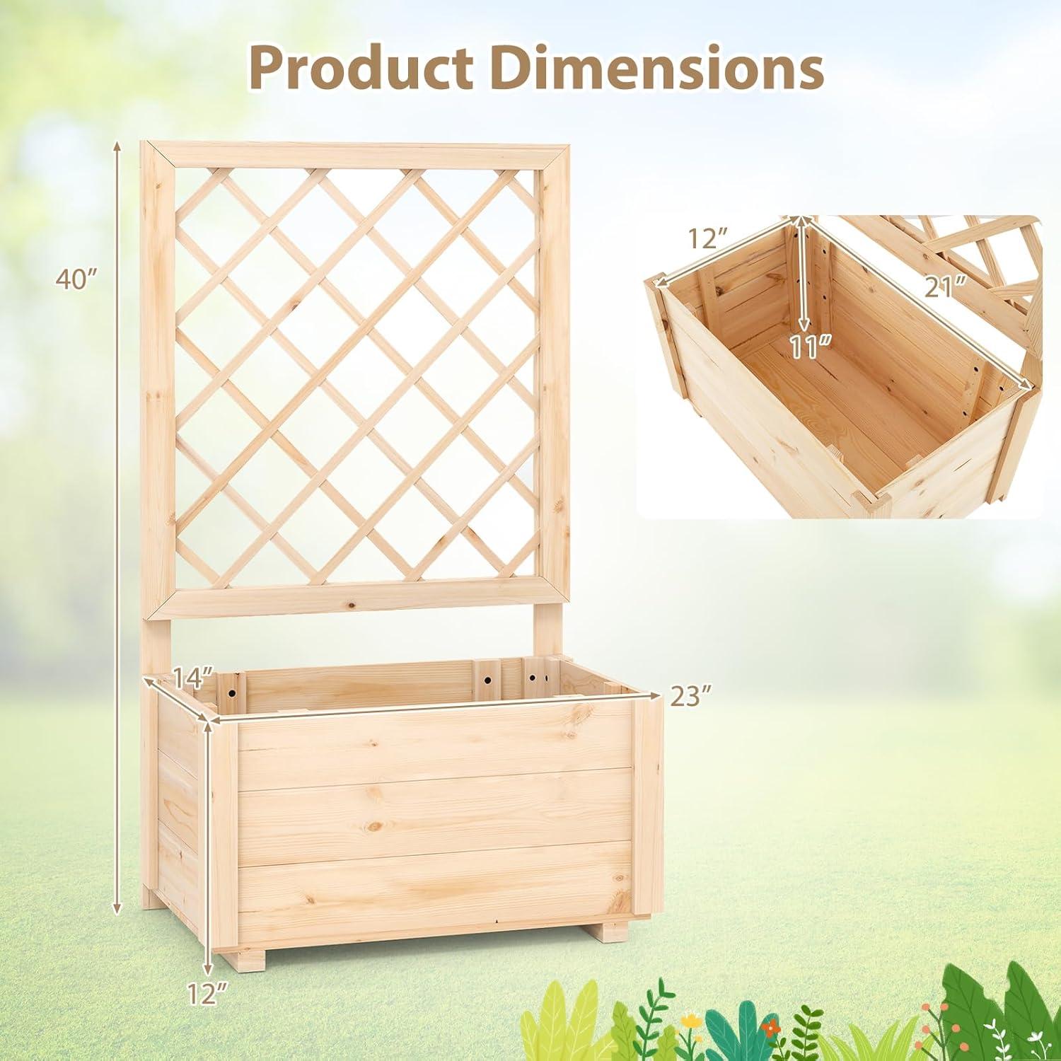 image:imageGiantex Raised Garden Bed with Trellis Drainage Hole Wood Elevated Planter Box for Climbing Vine Flower Herb Vegetable Fruit Planting Container for Indoor Outdoor Patio Balcony 39x14x401