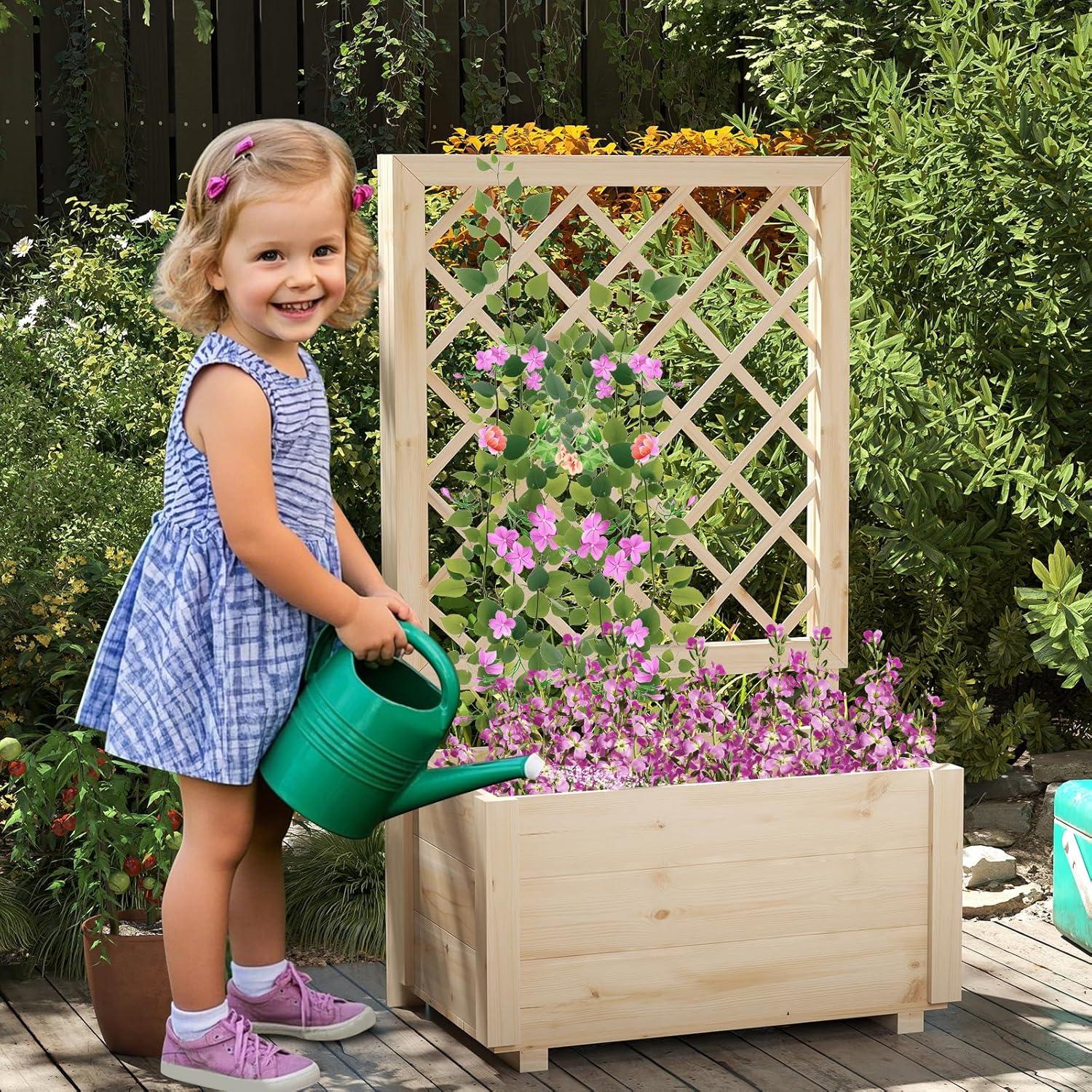 image:imageGiantex Raised Garden Bed with Trellis Drainage Hole Wood Elevated Planter Box for Climbing Vine Flower Herb Vegetable Fruit Planting Container for Indoor Outdoor Patio Balcony 39x14x402