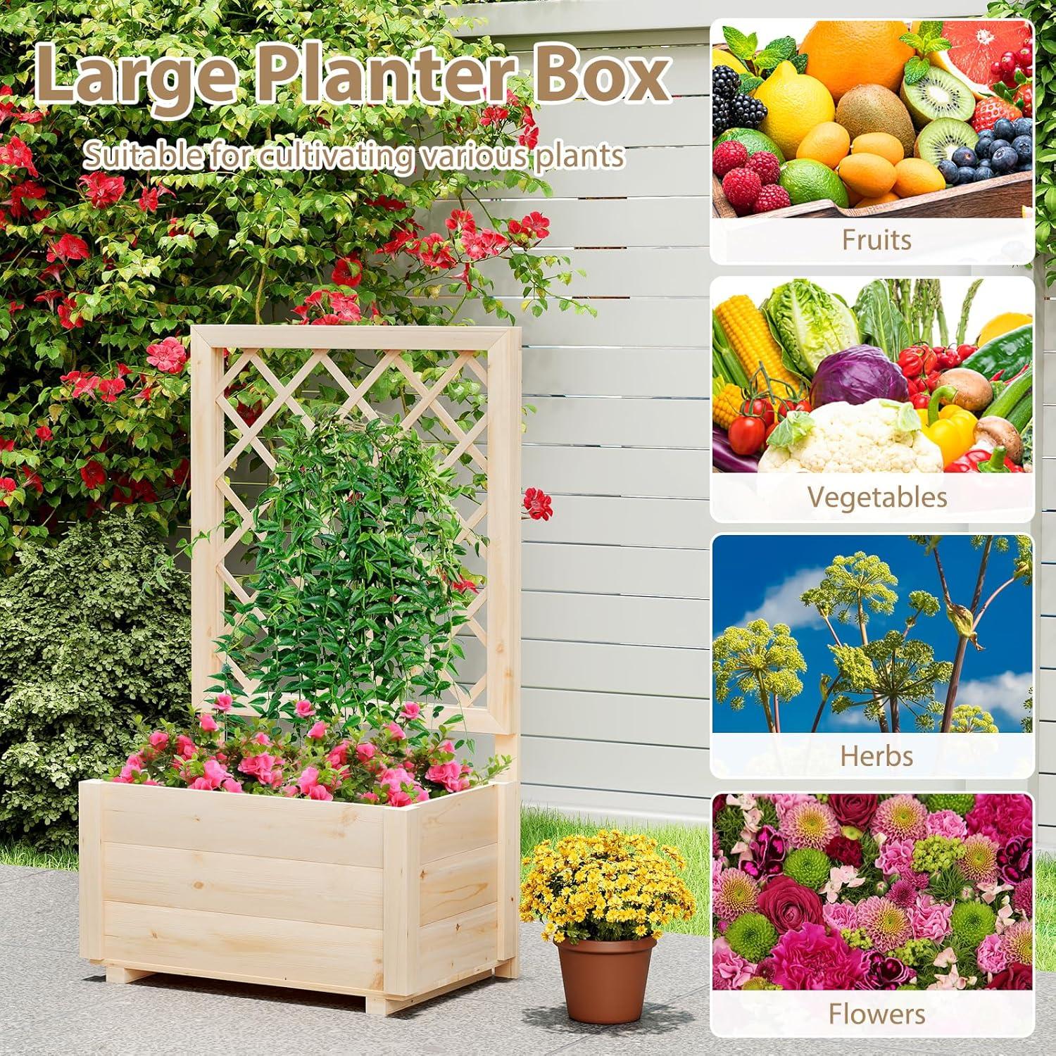 image:imageGiantex Raised Garden Bed with Trellis Drainage Hole Wood Elevated Planter Box for Climbing Vine Flower Herb Vegetable Fruit Planting Container for Indoor Outdoor Patio Balcony 39x14x402