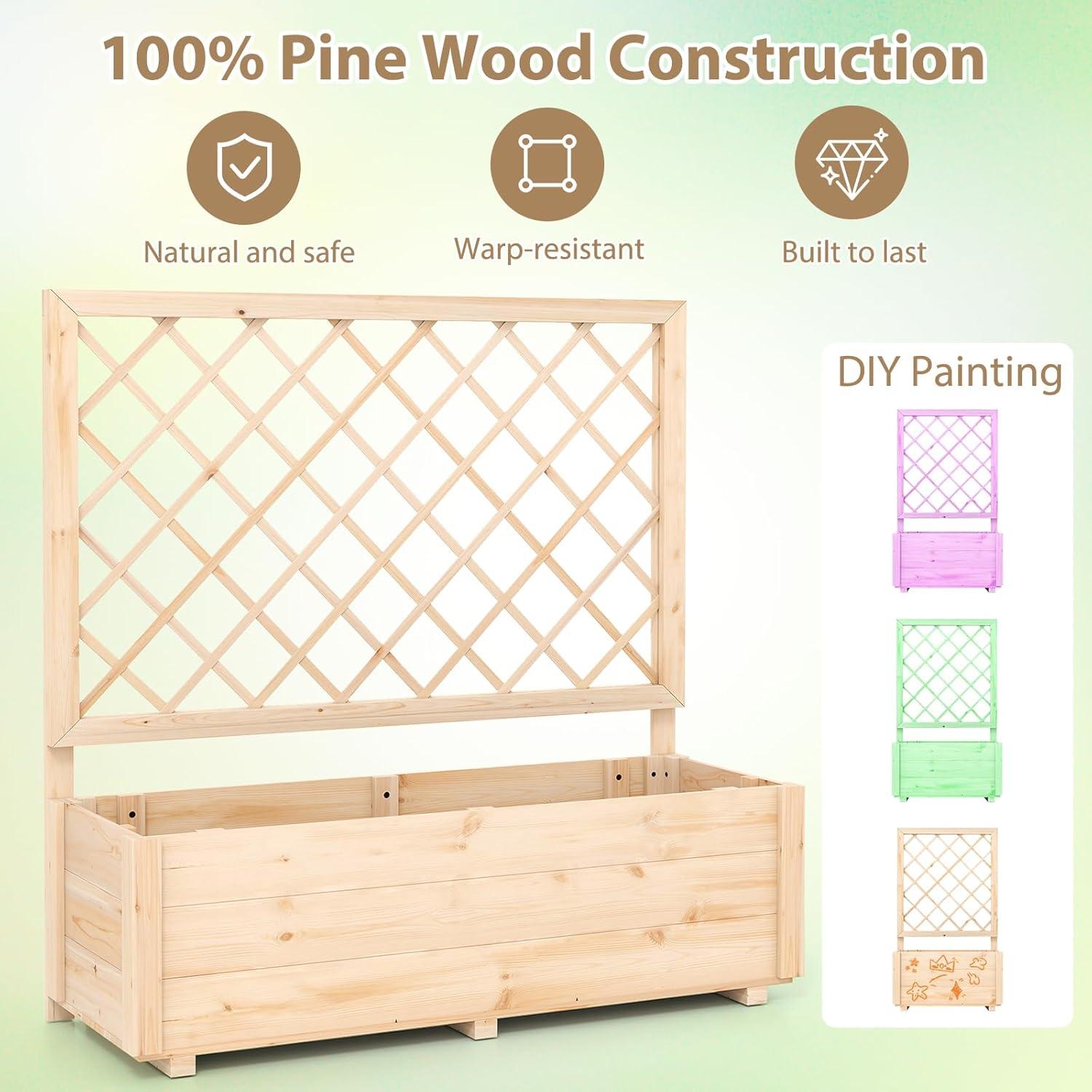 image:imageGiantex Raised Garden Bed with Trellis Drainage Hole Wood Elevated Planter Box for Climbing Vine Flower Herb Vegetable Fruit Planting Container for Indoor Outdoor Patio Balcony 39x14x402
