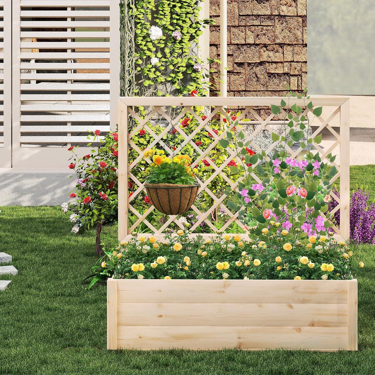 image:imageGiantex Raised Garden Bed with Trellis Drainage Hole Wood Elevated Planter Box for Climbing Vine Flower Herb Vegetable Fruit Planting Container for Indoor Outdoor Patio Balcony 39x14x401