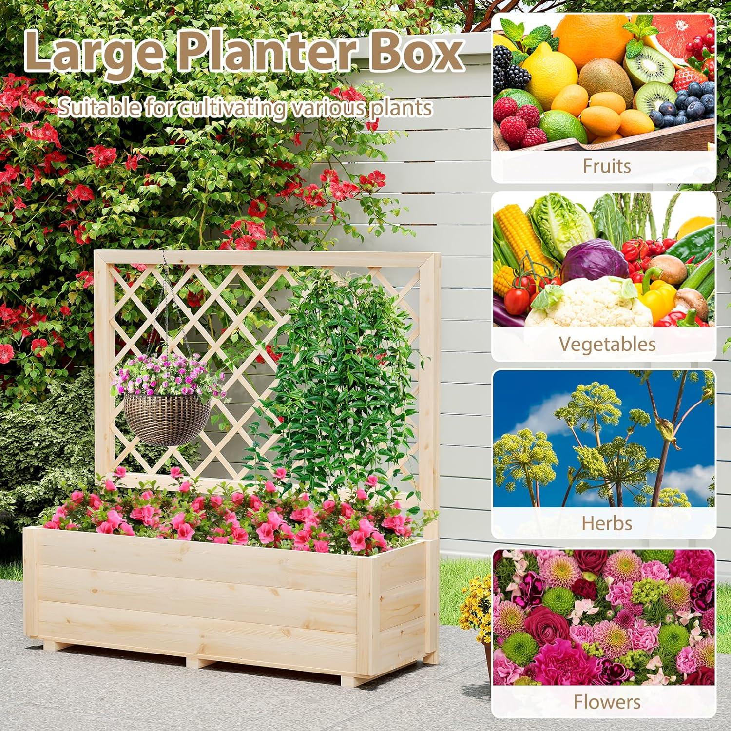 image:imageGiantex Raised Garden Bed with Trellis Drainage Hole Wood Elevated Planter Box for Climbing Vine Flower Herb Vegetable Fruit Planting Container for Indoor Outdoor Patio Balcony 39x14x402