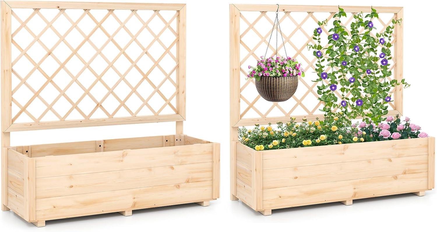 image:imageGiantex Raised Garden Bed with Trellis Drainage Hole Wood Elevated Planter Box for Climbing Vine Flower Herb Vegetable Fruit Planting Container for Indoor Outdoor Patio Balcony 39x14x402