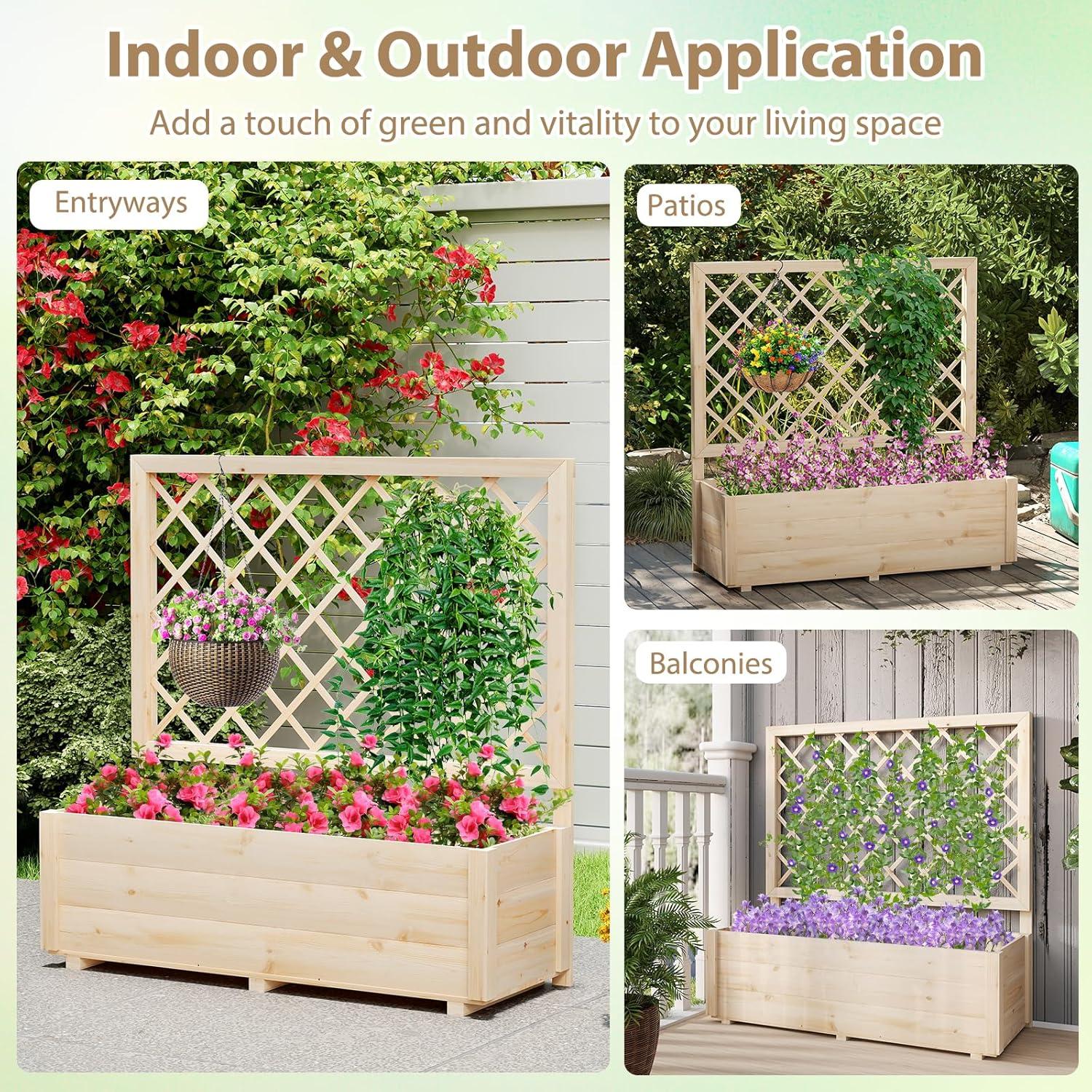 image:imageGiantex Raised Garden Bed with Trellis Drainage Hole Wood Elevated Planter Box for Climbing Vine Flower Herb Vegetable Fruit Planting Container for Indoor Outdoor Patio Balcony 39x14x402