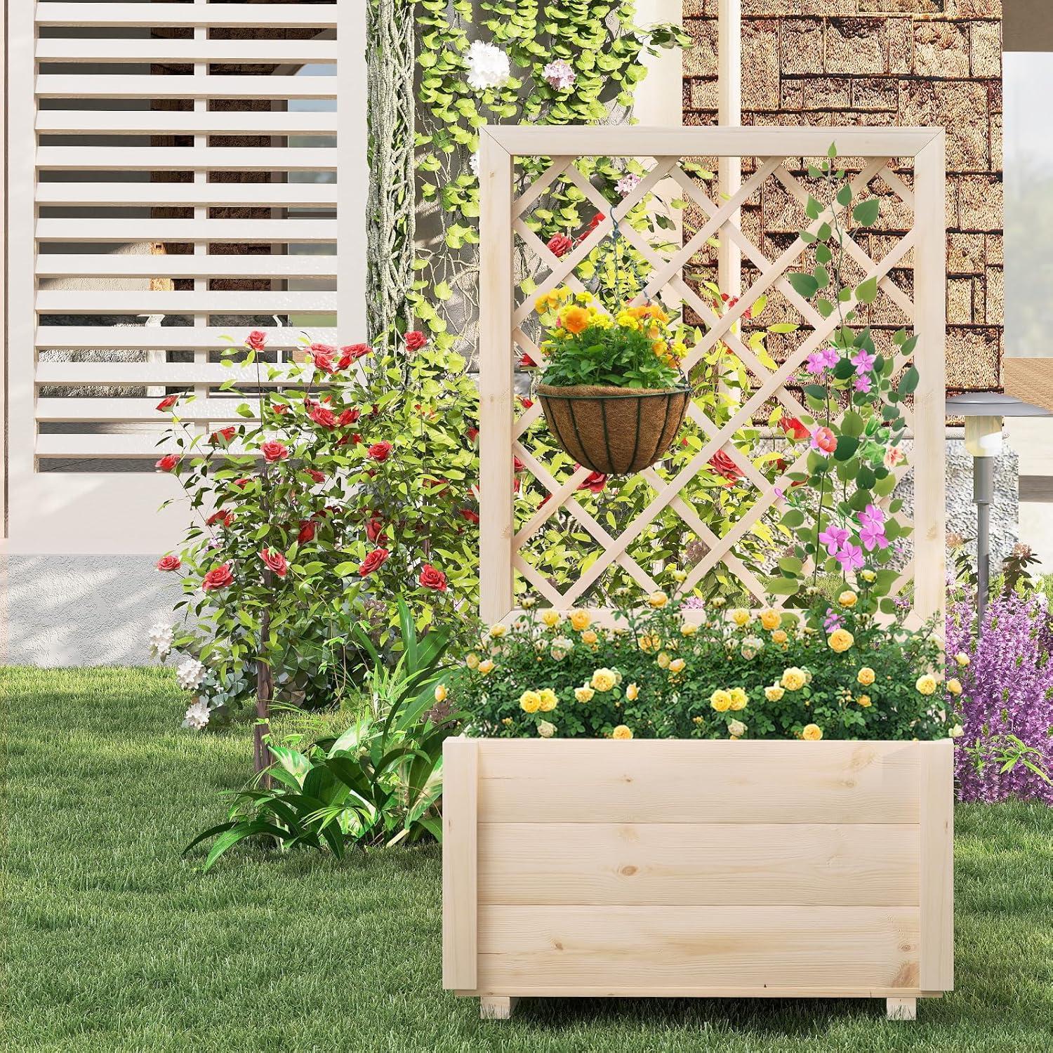 image:imageGiantex Raised Garden Bed with Trellis Drainage Hole Wood Elevated Planter Box for Climbing Vine Flower Herb Vegetable Fruit Planting Container for Indoor Outdoor Patio Balcony 39x14x402