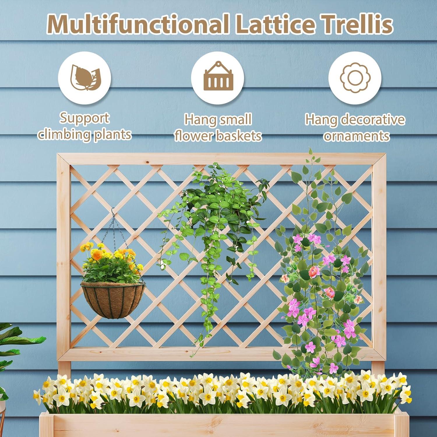 image:imageGiantex Raised Garden Bed with Trellis Drainage Hole Wood Elevated Planter Box for Climbing Vine Flower Herb Vegetable Fruit Planting Container for Indoor Outdoor Patio Balcony 39x14x402