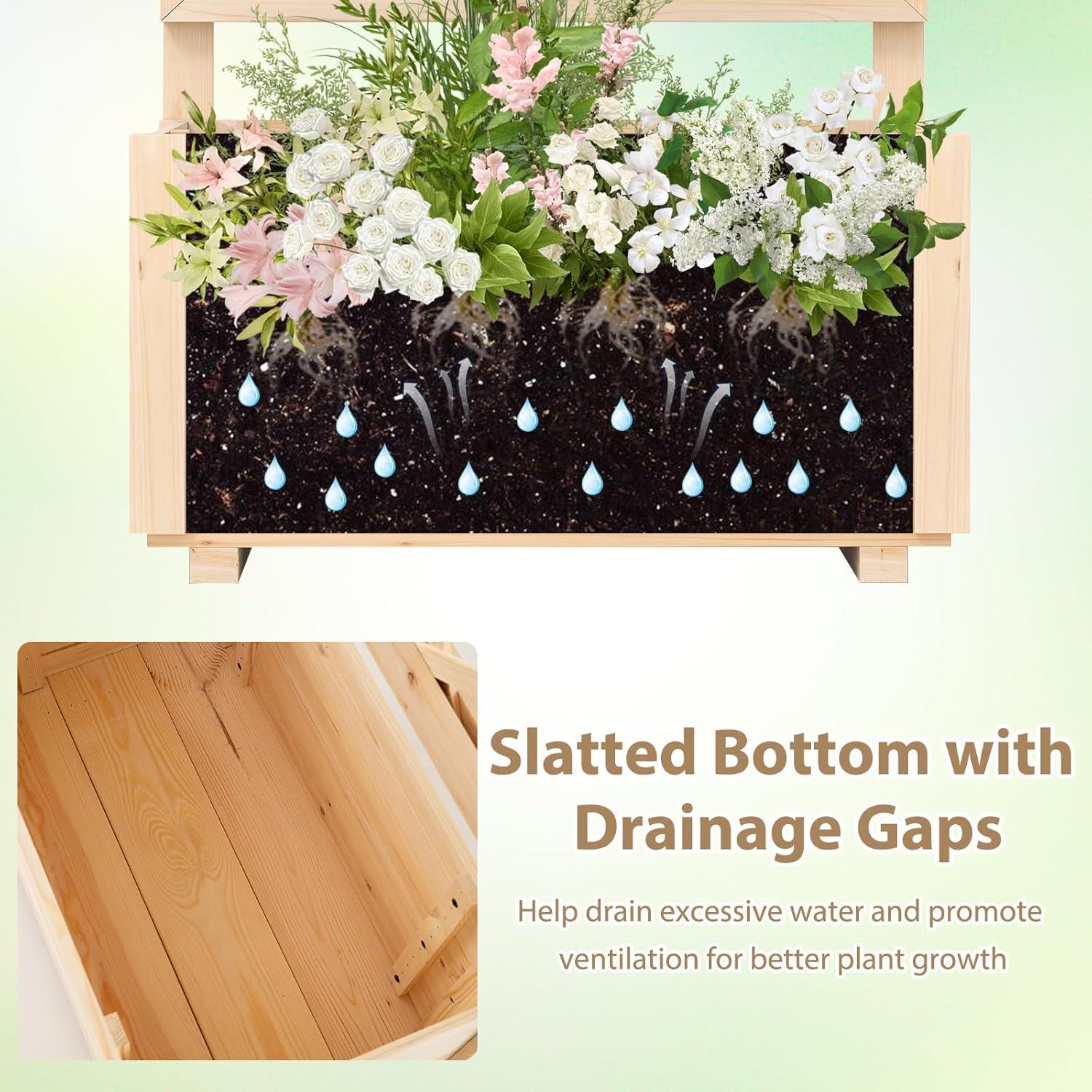 image:imageGiantex Raised Garden Bed with Trellis Drainage Hole Wood Elevated Planter Box for Climbing Vine Flower Herb Vegetable Fruit Planting Container for Indoor Outdoor Patio Balcony 39x14x402