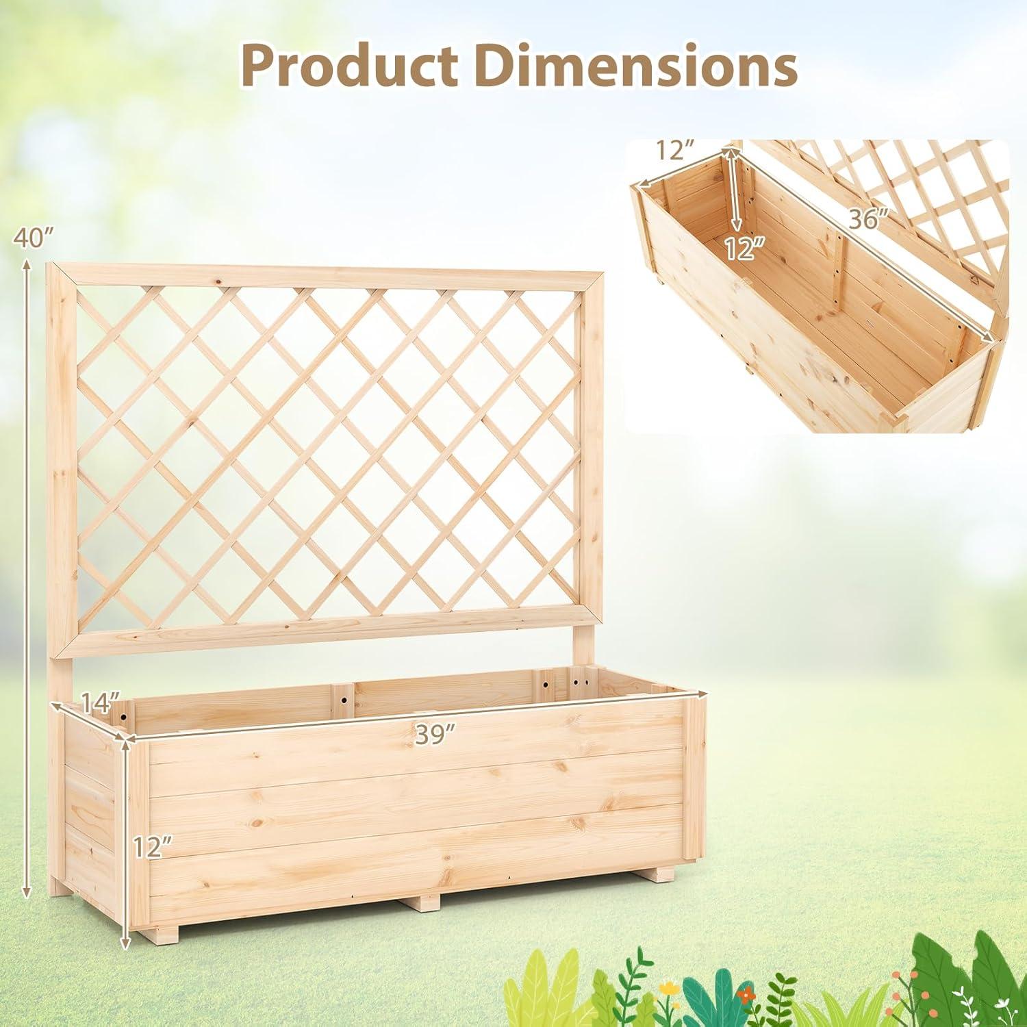 image:imageGiantex Raised Garden Bed with Trellis Drainage Hole Wood Elevated Planter Box for Climbing Vine Flower Herb Vegetable Fruit Planting Container for Indoor Outdoor Patio Balcony 39x14x402