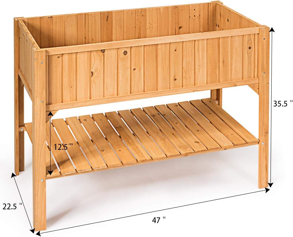 image:imageGiantex Raised Garden Planter Bed Box Stand Outdoor Wooden Elevated Garden Planter with Shelf and Drain Holes Deluxe Rectangle Raised Planter to Grow Plants 47 L x 225 W x 355 H