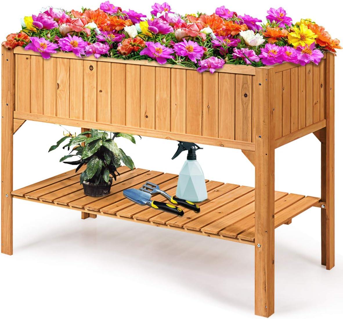 image:imageGiantex Raised Garden Planter Bed Box Stand Outdoor Wooden Elevated Garden Planter with Shelf and Drain Holes Deluxe Rectangle Raised Planter to Grow Plants 47 L x 225 W x 355 H