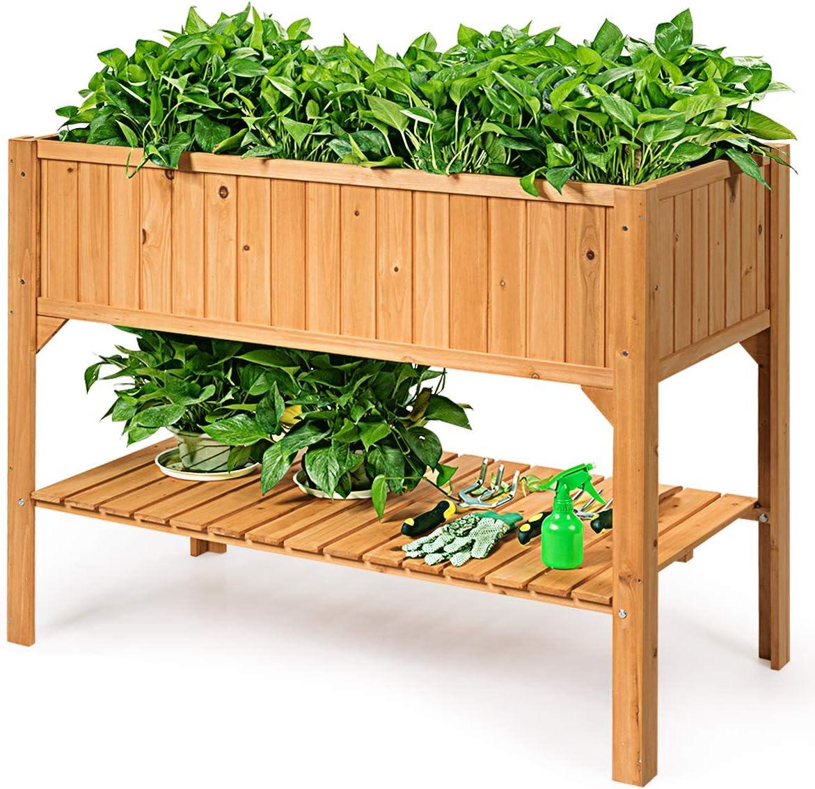 image:imageGiantex Raised Garden Planter Bed Box Stand Outdoor Wooden Elevated Garden Planter with Shelf and Drain Holes Deluxe Rectangle Raised Planter to Grow Plants 47 L x 225 W x 355 H