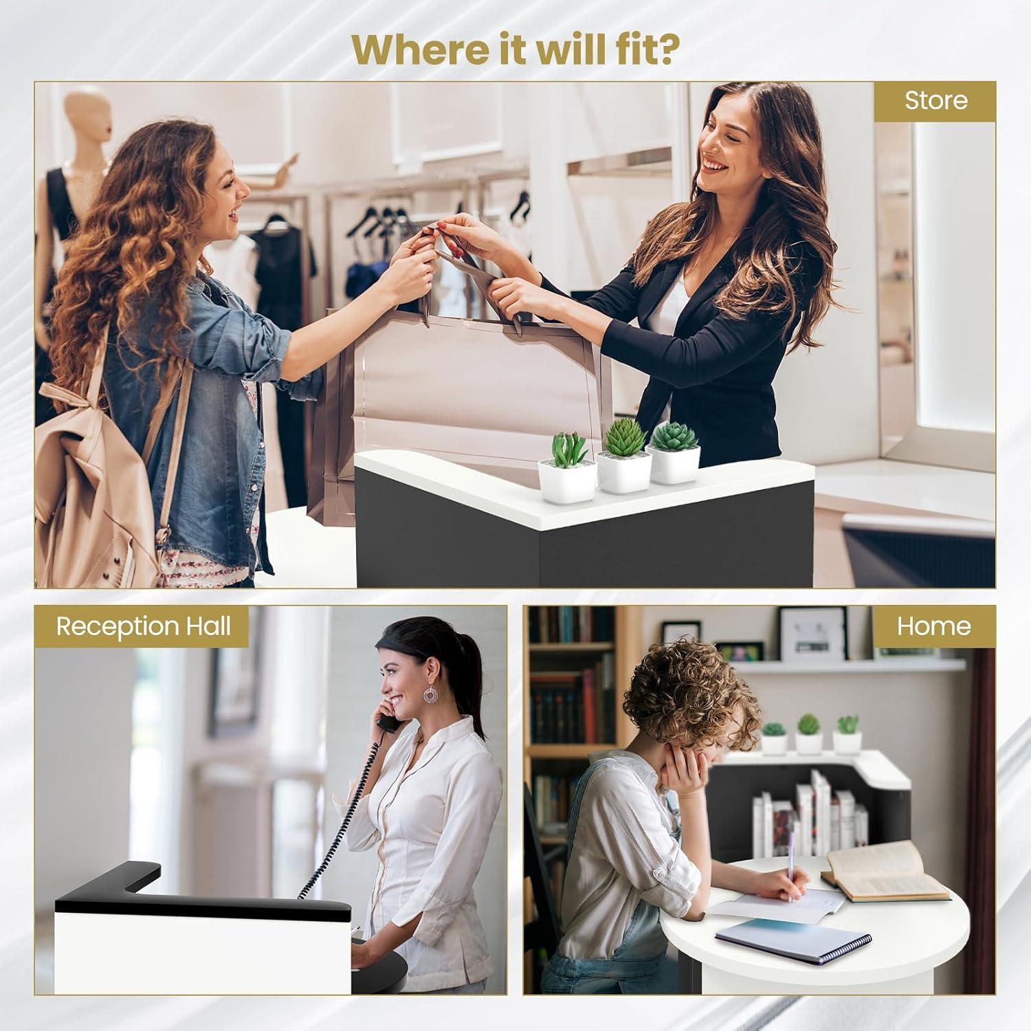 image:imageGiantex Reception Desk Front Counter Desk with Lockable Drawer Checkout Table with Round Tabletop Corner Shelf amp Adjustable Shelf for Office Beauty Salon Retail Store White amp BlackBlack White