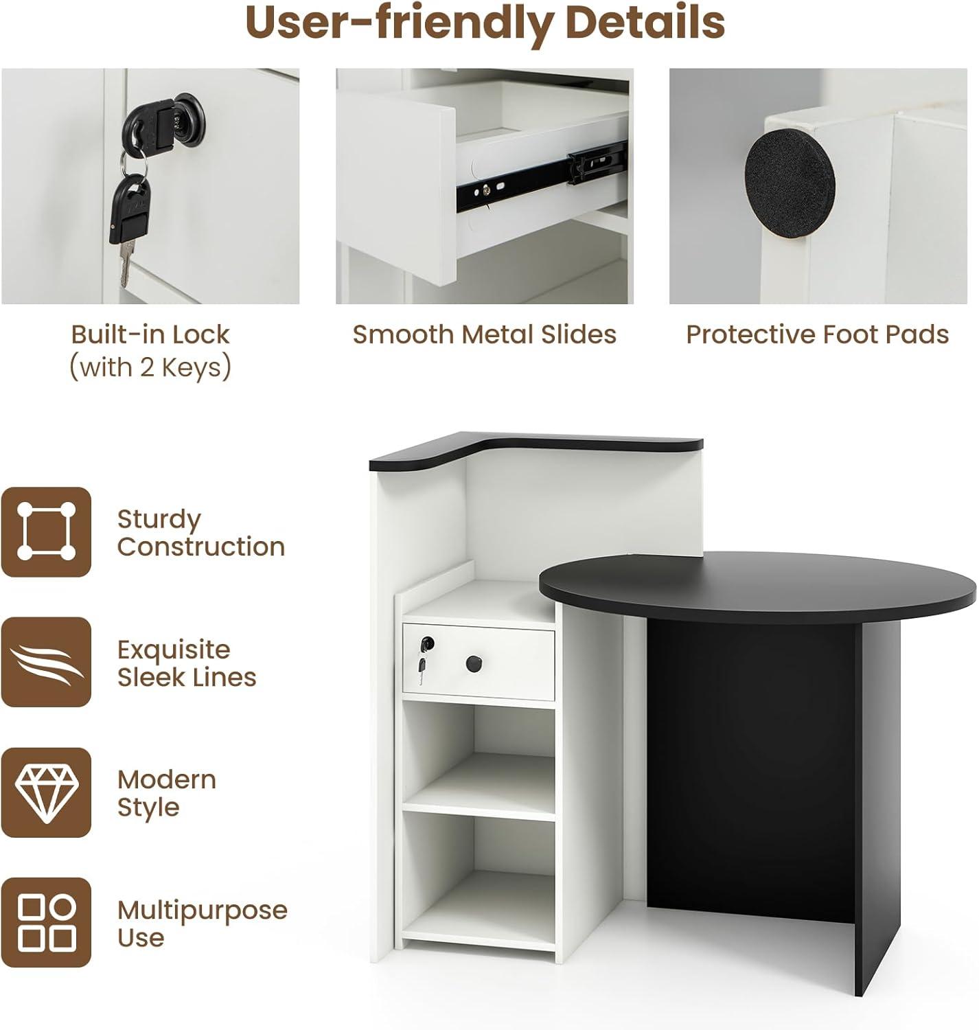 image:imageGiantex Reception Desk Front Counter Desk with Lockable Drawer Checkout Table with Round Tabletop Corner Shelf amp Adjustable Shelf for Office Beauty Salon Retail Store White amp BlackWhite Black