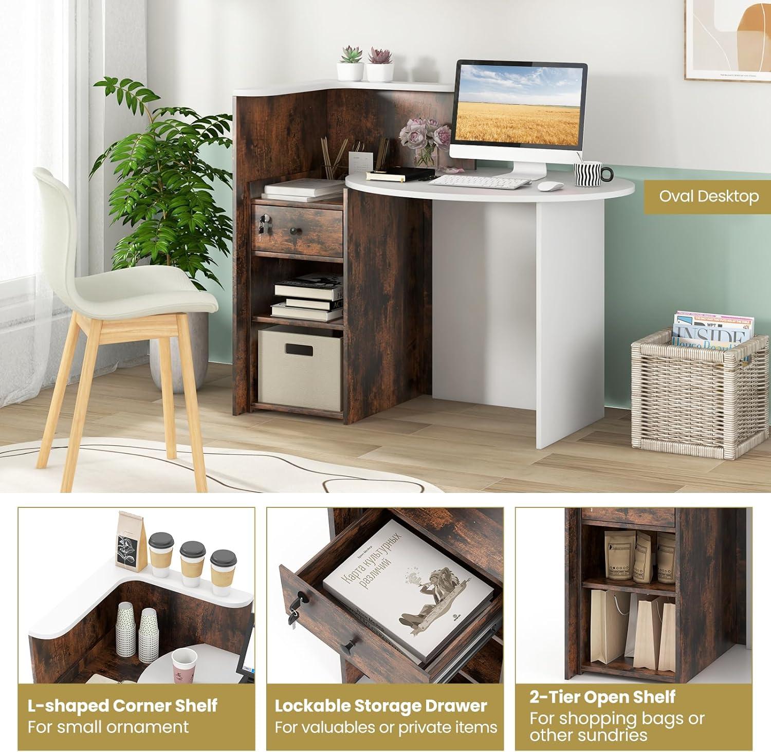image:imageGiantex Reception Desk Front Counter Desk with Lockable Drawer Checkout Table with Round Tabletop Corner Shelf amp Adjustable Shelf for Office Beauty Salon Retail Store White amp BlackBrown White