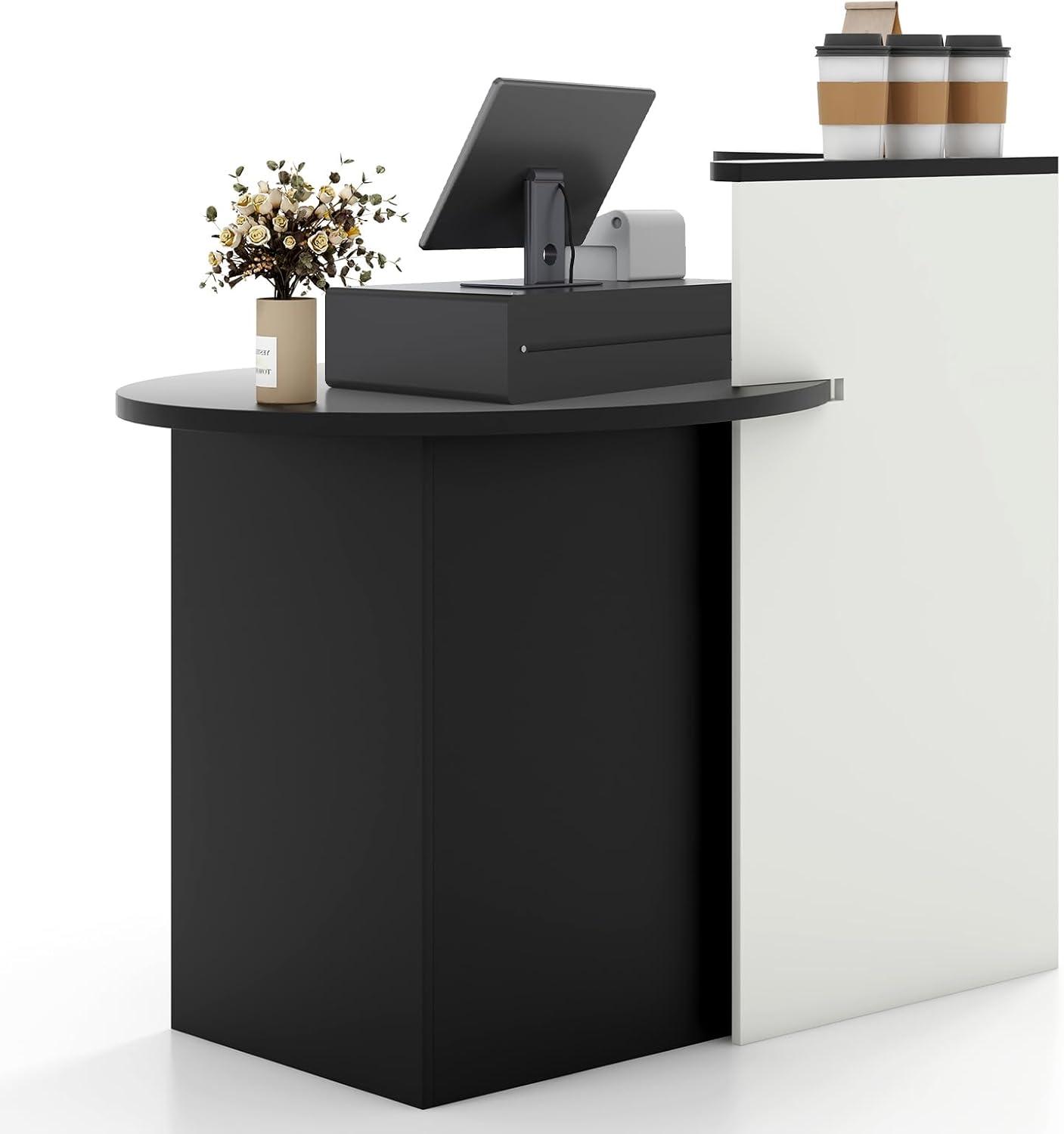 image:imageGiantex Reception Desk Front Counter Desk with Lockable Drawer Checkout Table with Round Tabletop Corner Shelf amp Adjustable Shelf for Office Beauty Salon Retail Store White amp BlackWhite Black
