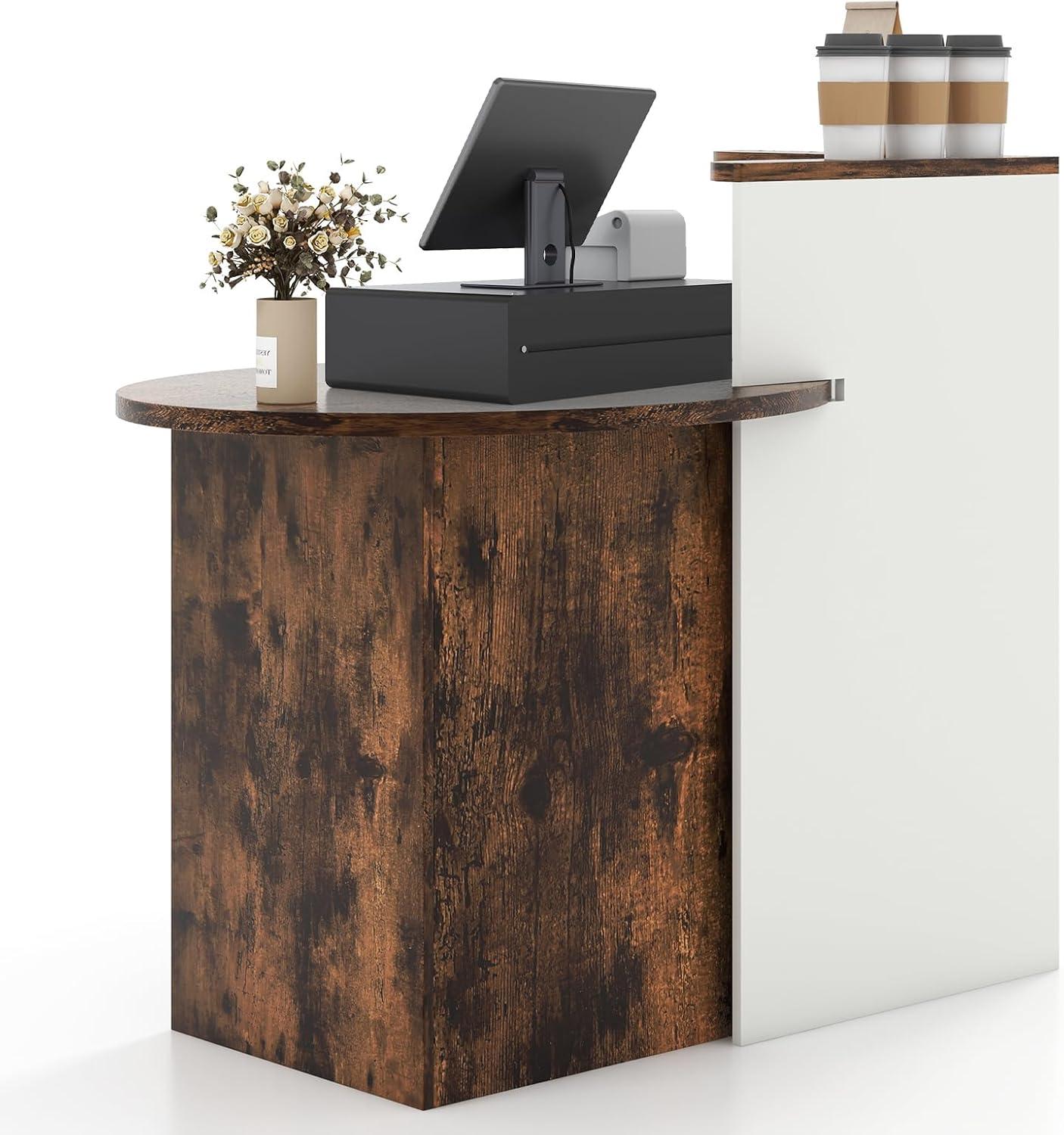 image:imageGiantex Reception Desk Front Counter Desk with Lockable Drawer Checkout Table with Round Tabletop Corner Shelf amp Adjustable Shelf for Office Beauty Salon Retail Store White amp BlackWhite Brown