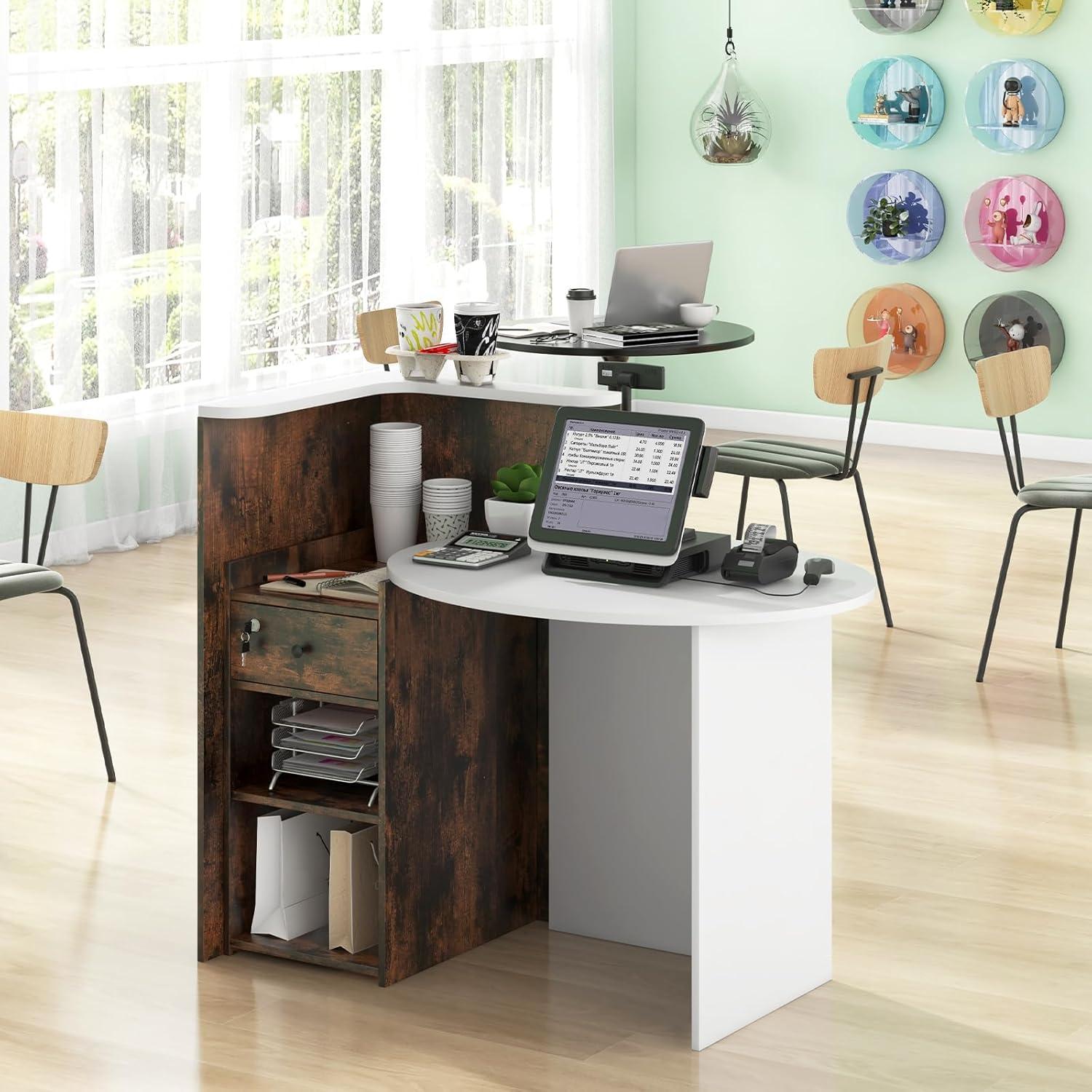 image:imageGiantex Reception Desk Front Counter Desk with Lockable Drawer Checkout Table with Round Tabletop Corner Shelf amp Adjustable Shelf for Office Beauty Salon Retail Store White amp BlackBrown White