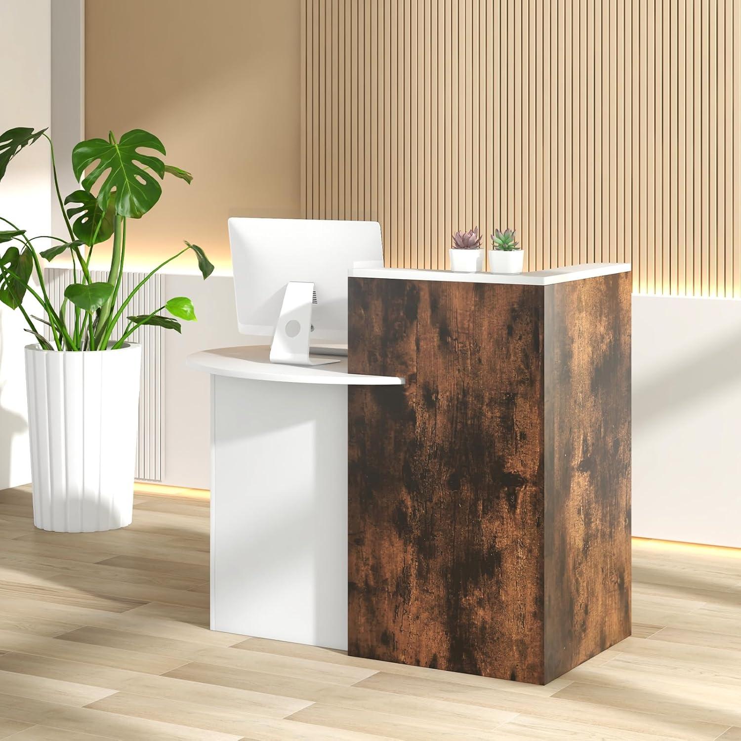image:imageGiantex Reception Desk Front Counter Desk with Lockable Drawer Checkout Table with Round Tabletop Corner Shelf amp Adjustable Shelf for Office Beauty Salon Retail Store White amp BlackBrown White