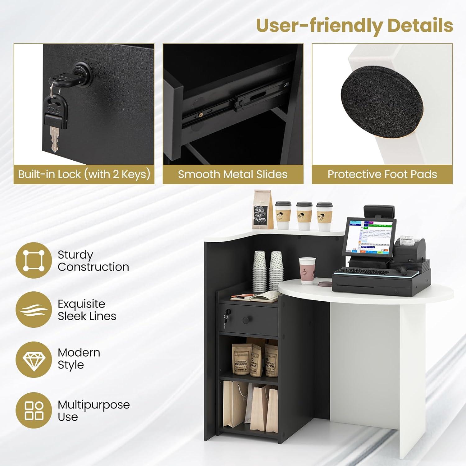 image:imageGiantex Reception Desk Front Counter Desk with Lockable Drawer Checkout Table with Round Tabletop Corner Shelf amp Adjustable Shelf for Office Beauty Salon Retail Store White amp BlackBlack White