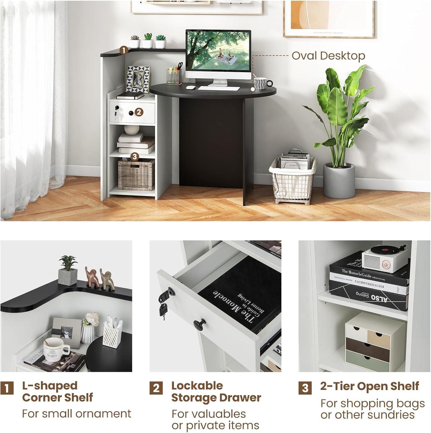 image:imageGiantex Reception Desk Front Counter Desk with Lockable Drawer Checkout Table with Round Tabletop Corner Shelf amp Adjustable Shelf for Office Beauty Salon Retail Store White amp BlackWhite Black