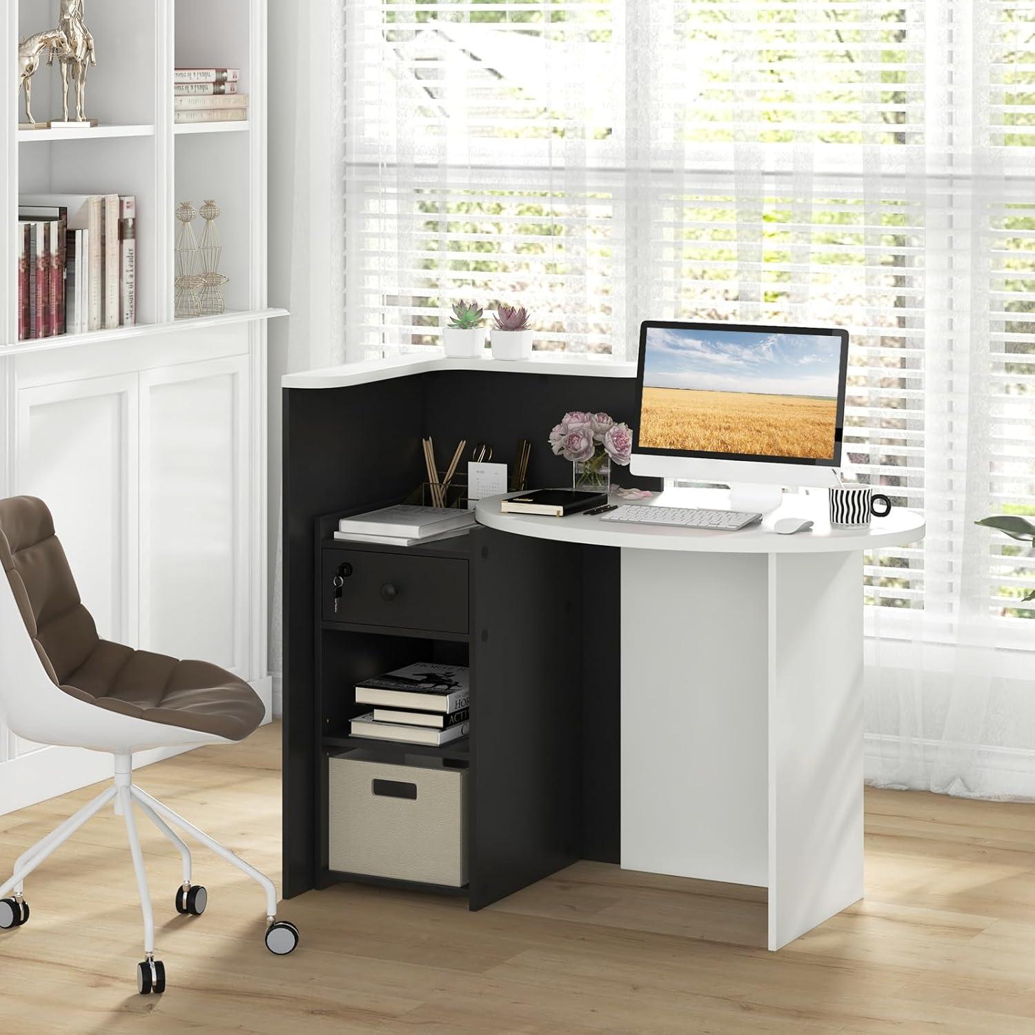 image:imageGiantex Reception Desk Front Counter Desk with Lockable Drawer Checkout Table with Round Tabletop Corner Shelf amp Adjustable Shelf for Office Beauty Salon Retail Store White amp BlackBlack White