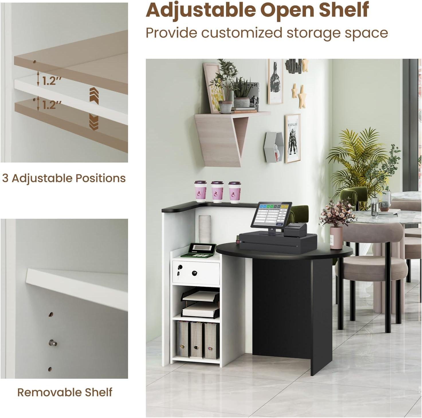image:imageGiantex Reception Desk Front Counter Desk with Lockable Drawer Checkout Table with Round Tabletop Corner Shelf amp Adjustable Shelf for Office Beauty Salon Retail Store White amp BlackWhite Black