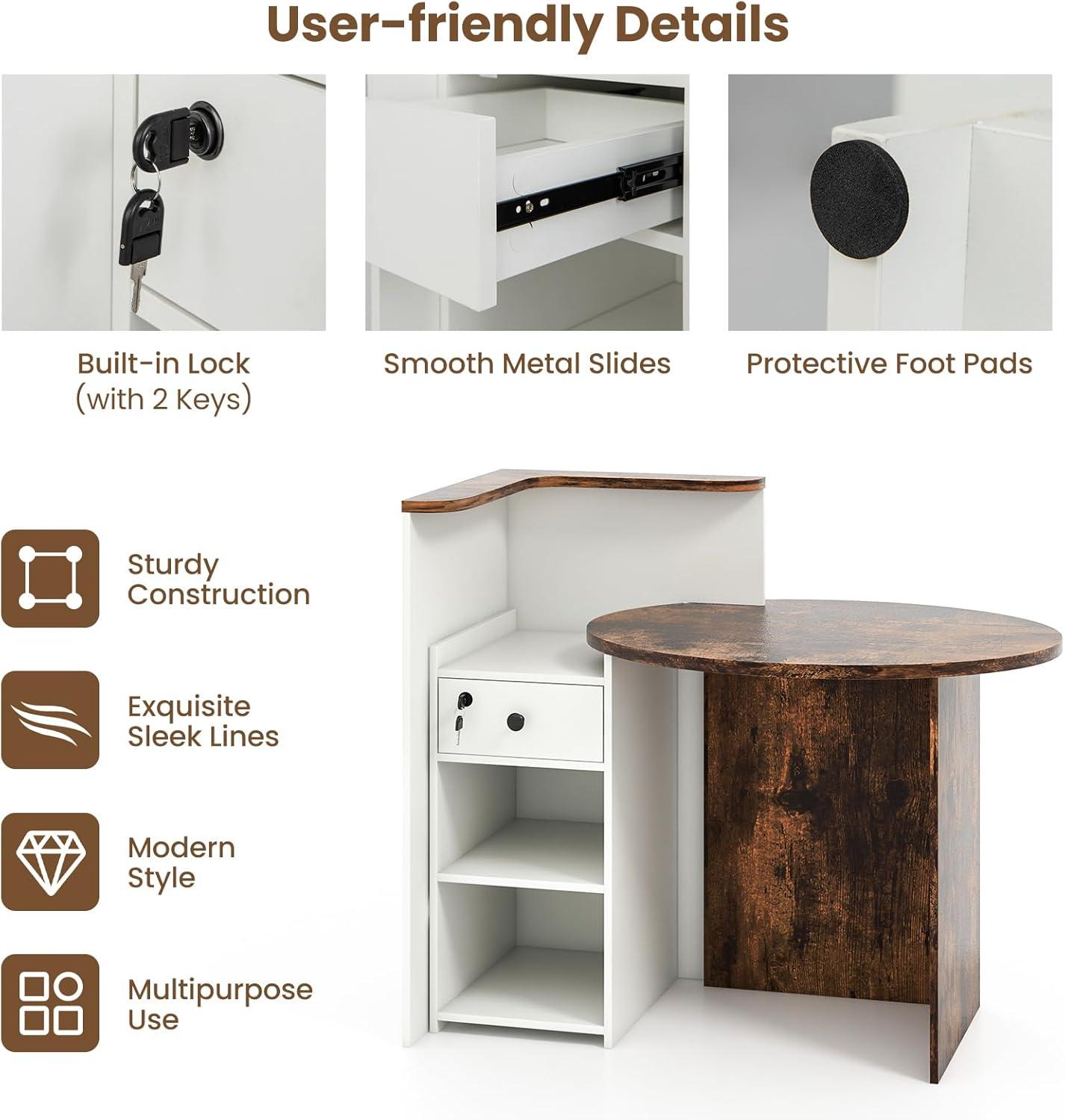image:imageGiantex Reception Desk Front Counter Desk with Lockable Drawer Checkout Table with Round Tabletop Corner Shelf amp Adjustable Shelf for Office Beauty Salon Retail Store White amp BlackWhite Brown