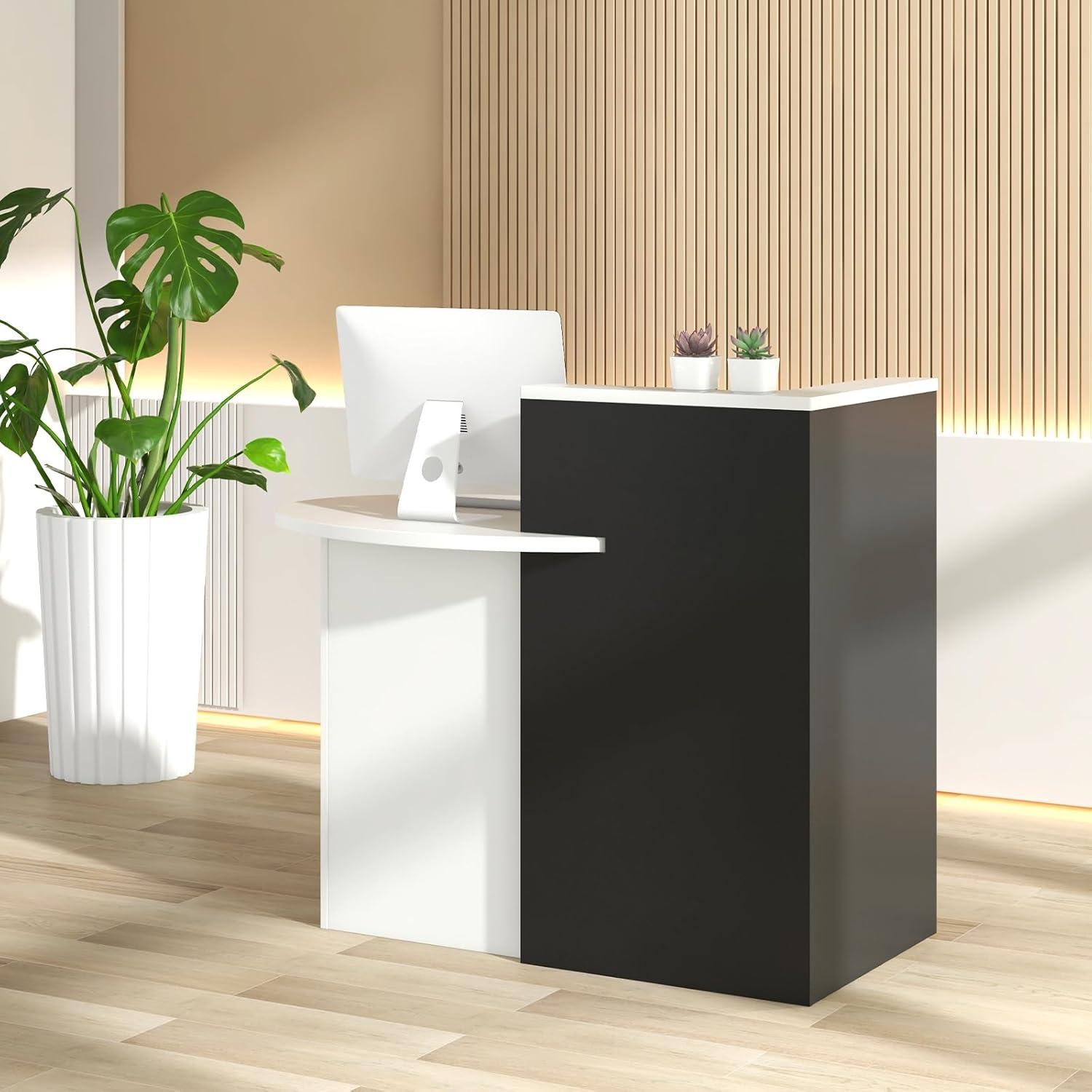 image:imageGiantex Reception Desk Front Counter Desk with Lockable Drawer Checkout Table with Round Tabletop Corner Shelf amp Adjustable Shelf for Office Beauty Salon Retail Store White amp BlackBlack White