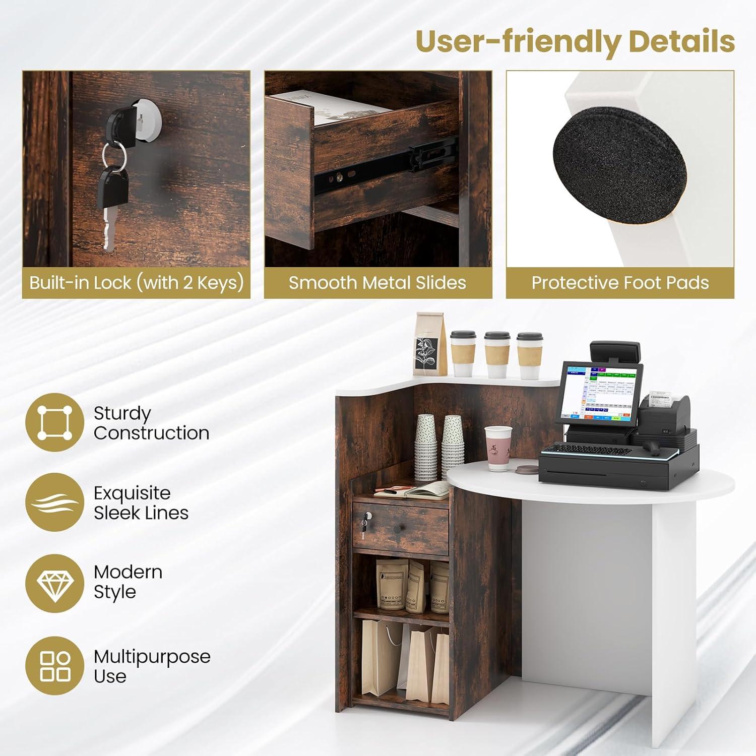 image:imageGiantex Reception Desk Front Counter Desk with Lockable Drawer Checkout Table with Round Tabletop Corner Shelf amp Adjustable Shelf for Office Beauty Salon Retail Store White amp BlackBrown White