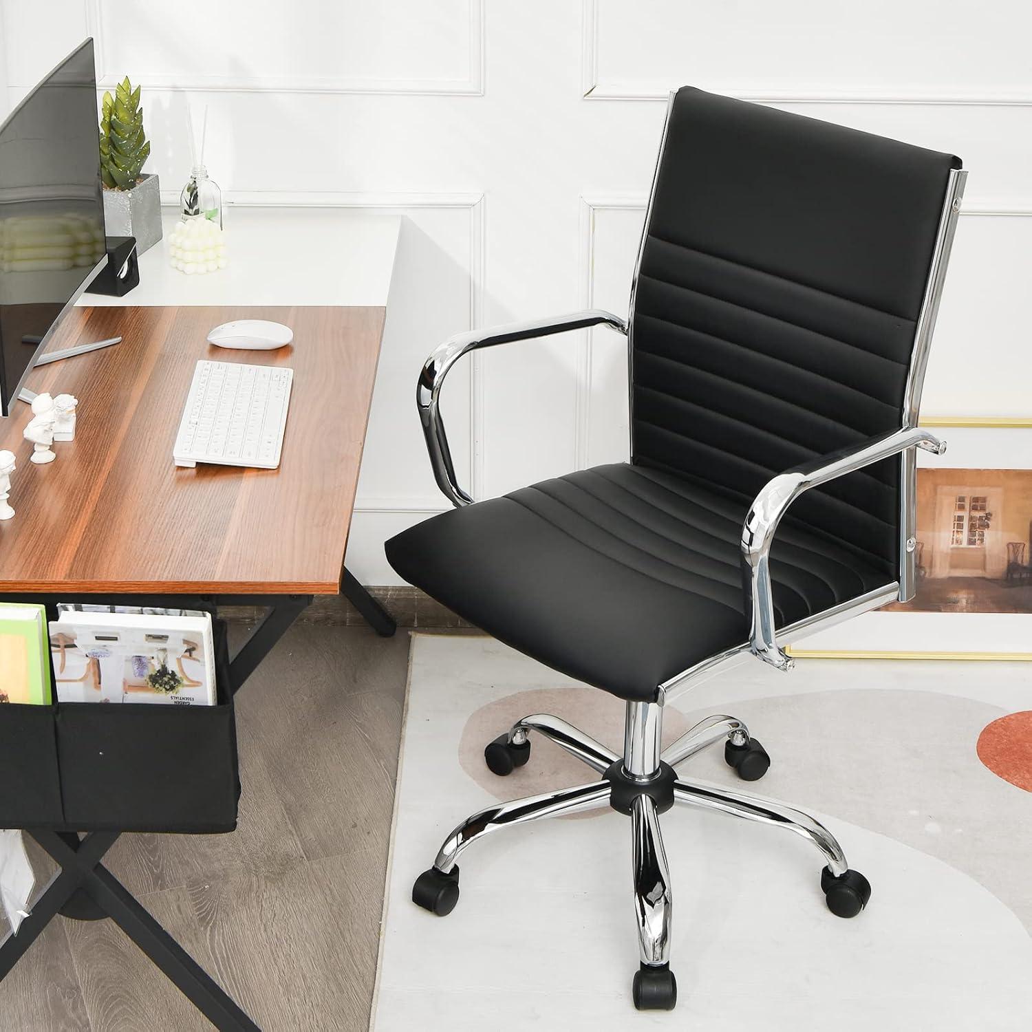 image:imageGiantex Ribbed Office Chair Ergonomic Modern Leather Desk Chair with Adjustable Height amp Arms Swivel Mid Back Executive Conference Room Chairs for Meeting Room BlackBlack
