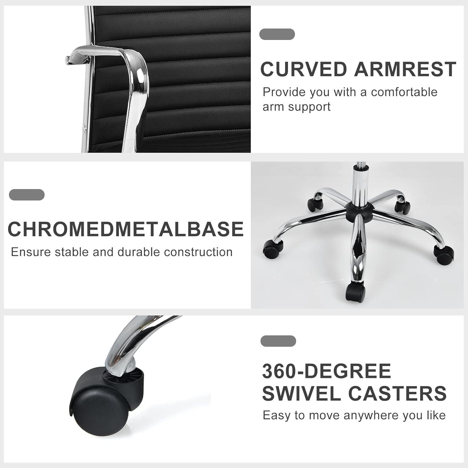 image:imageGiantex Ribbed Office Chair Ergonomic Modern Leather Desk Chair with Adjustable Height amp Arms Swivel Mid Back Executive Conference Room Chairs for Meeting Room BlackBlack