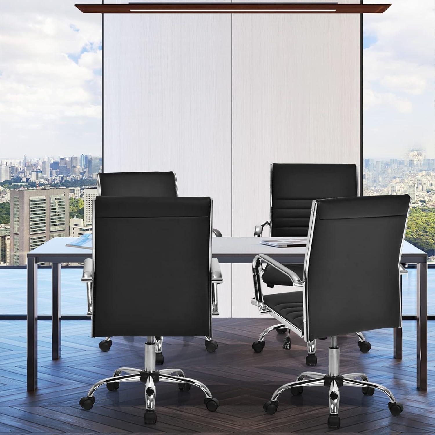 image:imageGiantex Ribbed Office Chair Ergonomic Modern Leather Desk Chair with Adjustable Height amp Arms Swivel Mid Back Executive Conference Room Chairs for Meeting Room BlackBlack