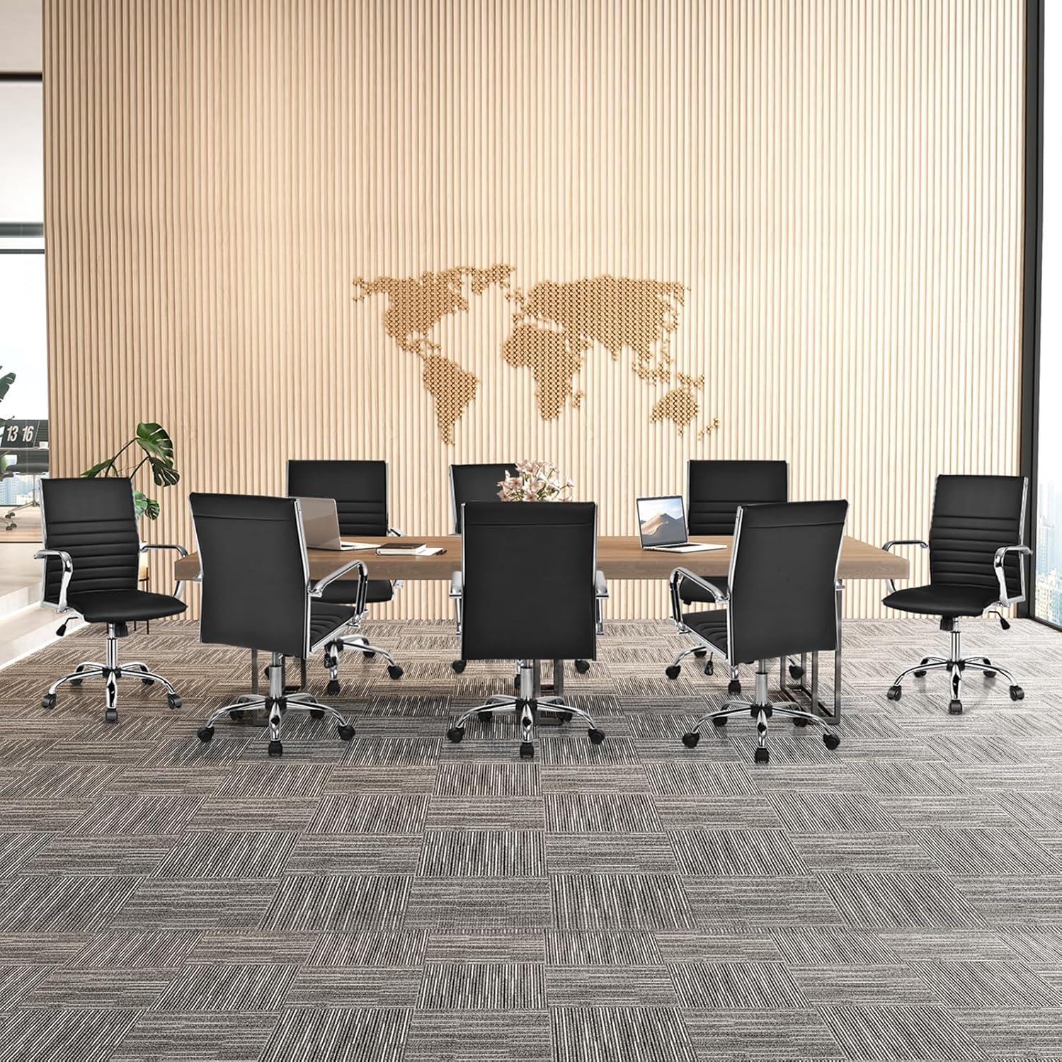 image:imageGiantex Ribbed Office Chair Ergonomic Modern Leather Desk Chair with Adjustable Height amp Arms Swivel Mid Back Executive Conference Room Chairs for Meeting Room BlackBlack