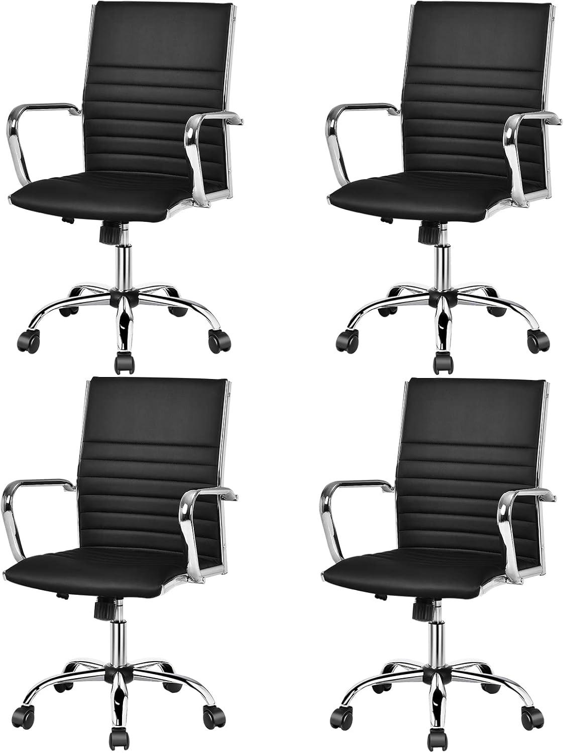 image:imageGiantex Ribbed Office Chair Ergonomic Modern Leather Desk Chair with Adjustable Height amp Arms Swivel Mid Back Executive Conference Room Chairs for Meeting Room BlackBlack