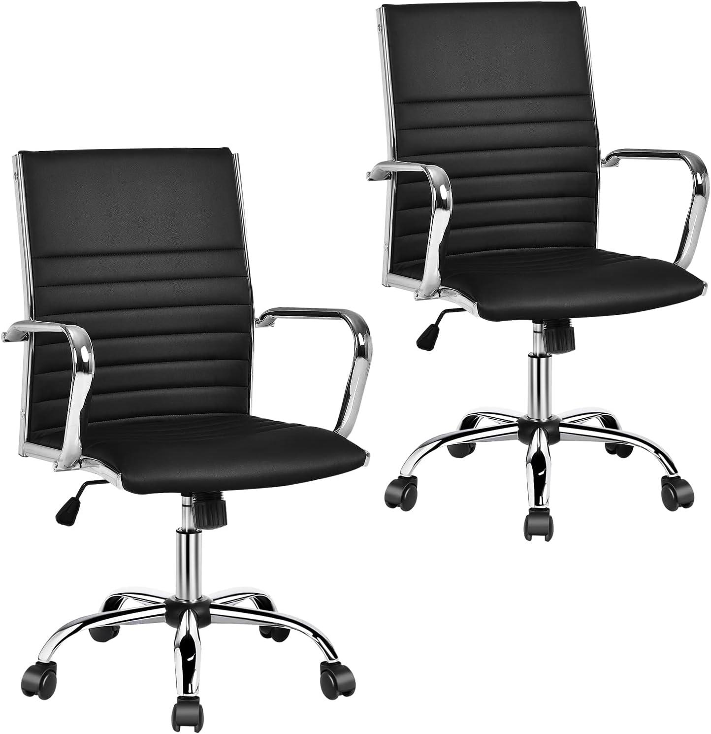 image:imageGiantex Ribbed Office Chair Ergonomic Modern Leather Desk Chair with Adjustable Height amp Arms Swivel Mid Back Executive Conference Room Chairs for Meeting Room BlackBlack