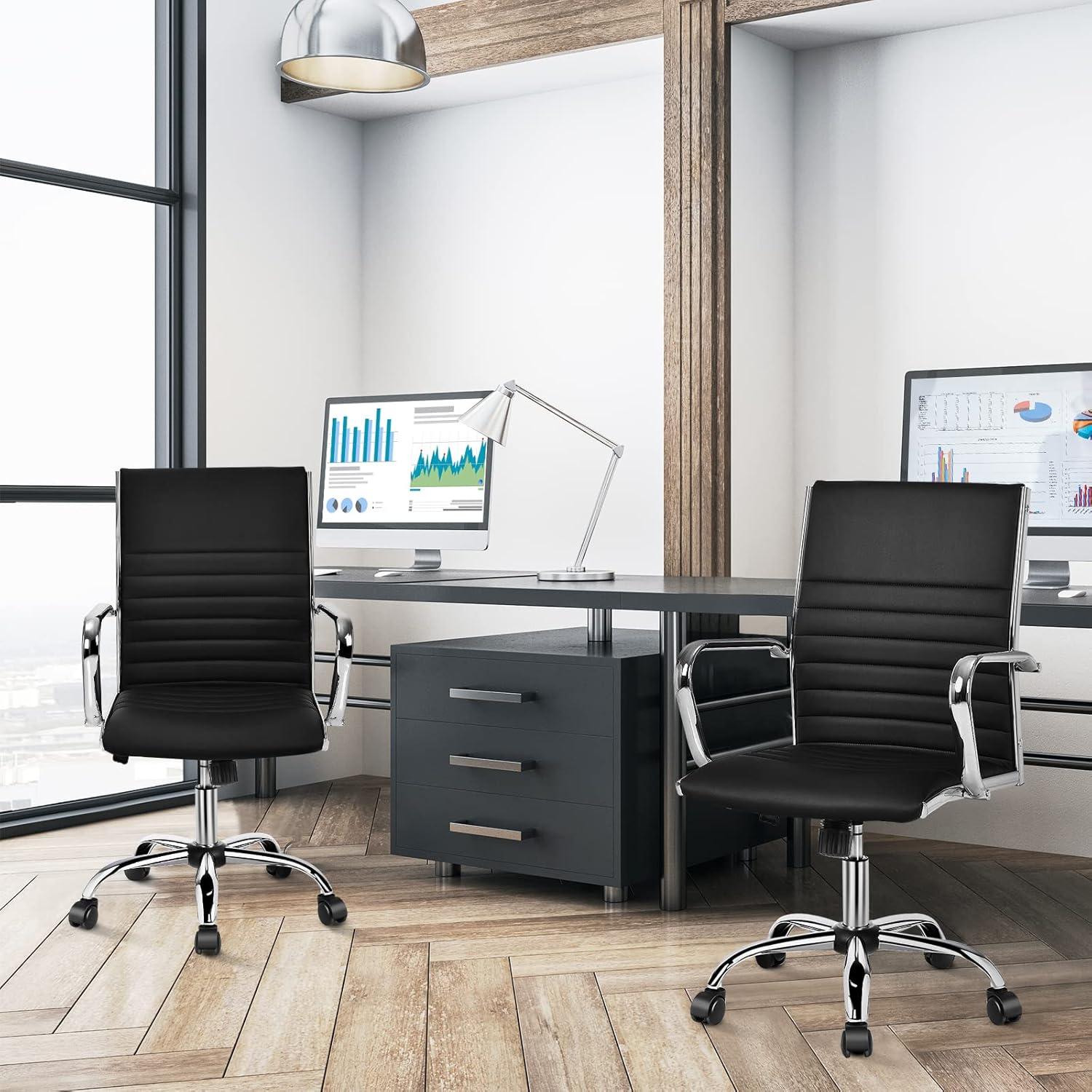 image:imageGiantex Ribbed Office Chair Ergonomic Modern Leather Desk Chair with Adjustable Height amp Arms Swivel Mid Back Executive Conference Room Chairs for Meeting Room BlackBlack