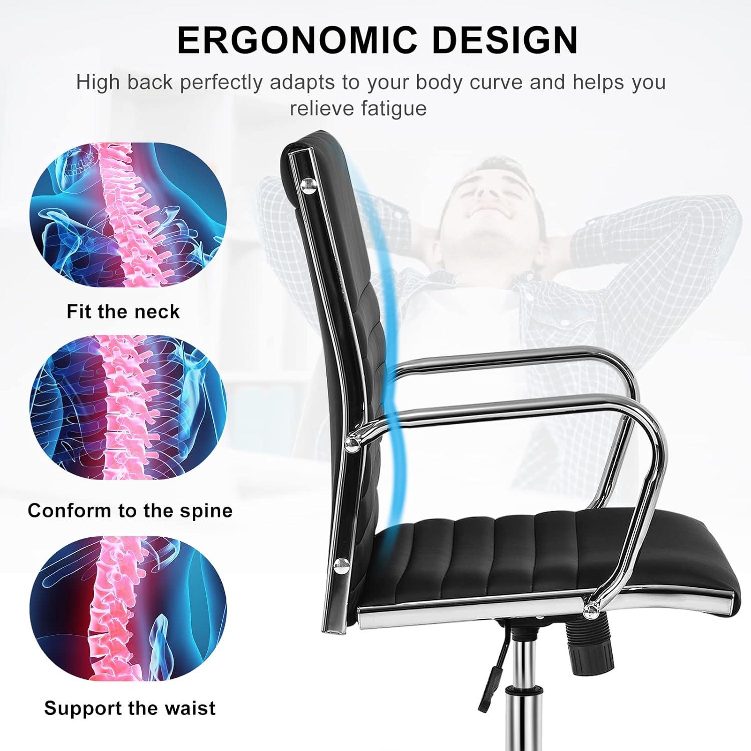 image:imageGiantex Ribbed Office Chair Ergonomic Modern Leather Desk Chair with Adjustable Height amp Arms Swivel Mid Back Executive Conference Room Chairs for Meeting Room BlackBlack