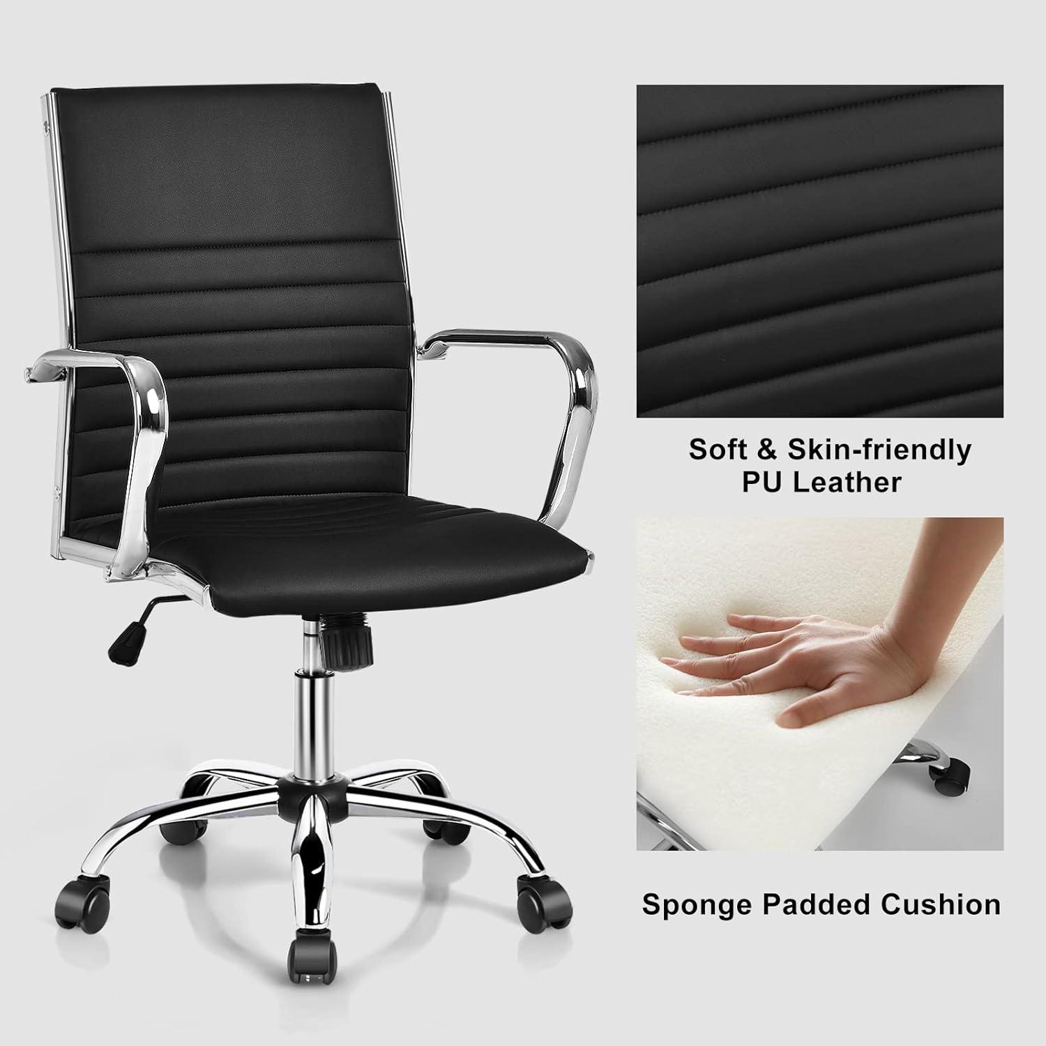 image:imageGiantex Ribbed Office Chair Ergonomic Modern Leather Desk Chair with Adjustable Height amp Arms Swivel Mid Back Executive Conference Room Chairs for Meeting Room BlackBlack