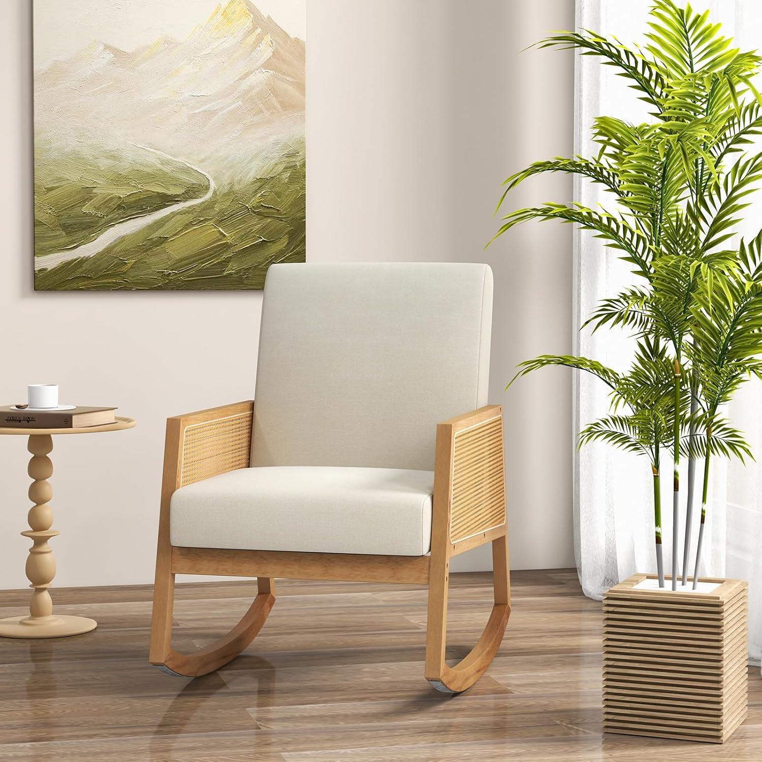 image:imageGiantex Rocking Chair Fabric Upholstered Glider Rocker Chair with Armrest Rattan Accent Armchair with Soft Padded Seat Max Load 330 Lbs Rocking Chair Nursery for Bedroom Living Room Reading