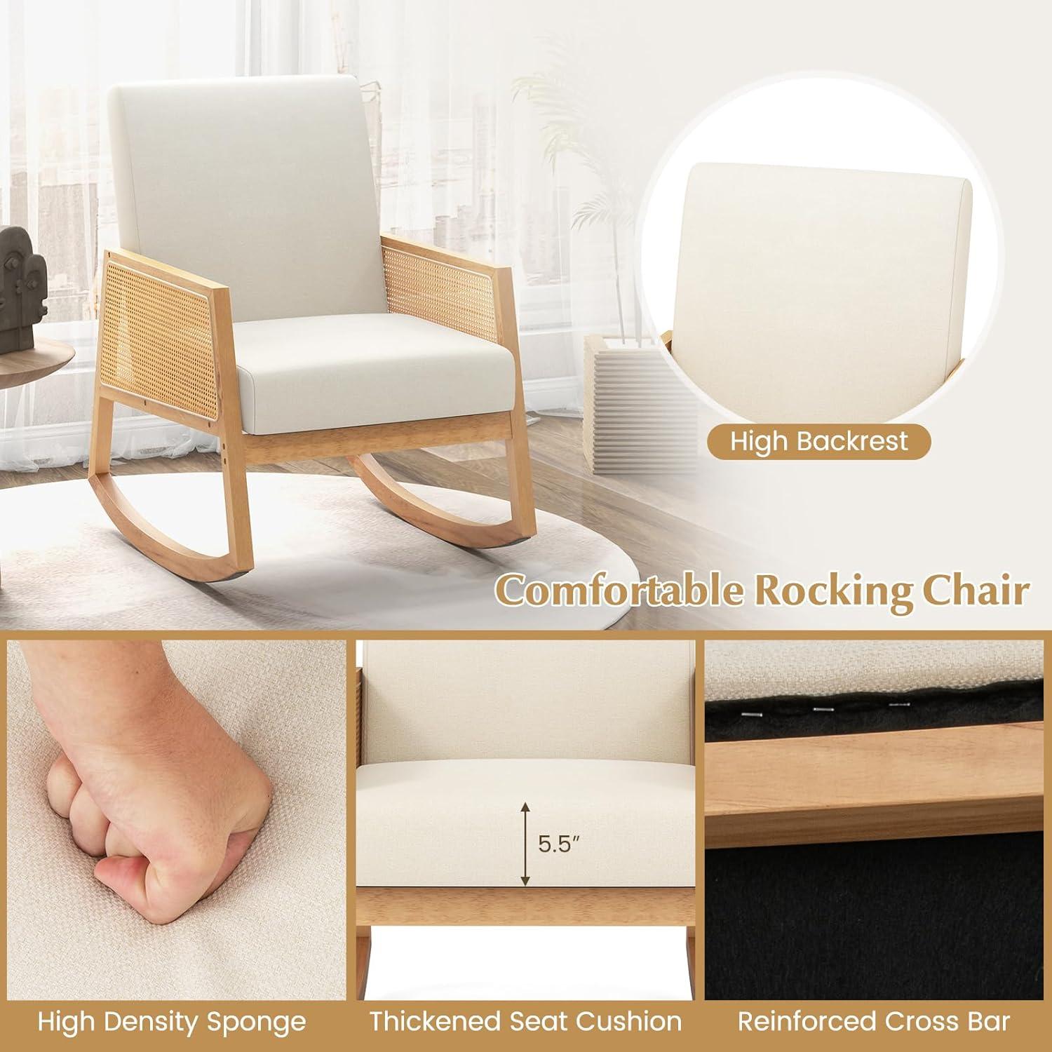 image:imageGiantex Rocking Chair Fabric Upholstered Glider Rocker Chair with Armrest Rattan Accent Armchair with Soft Padded Seat Max Load 330 Lbs Rocking Chair Nursery for Bedroom Living Room Reading