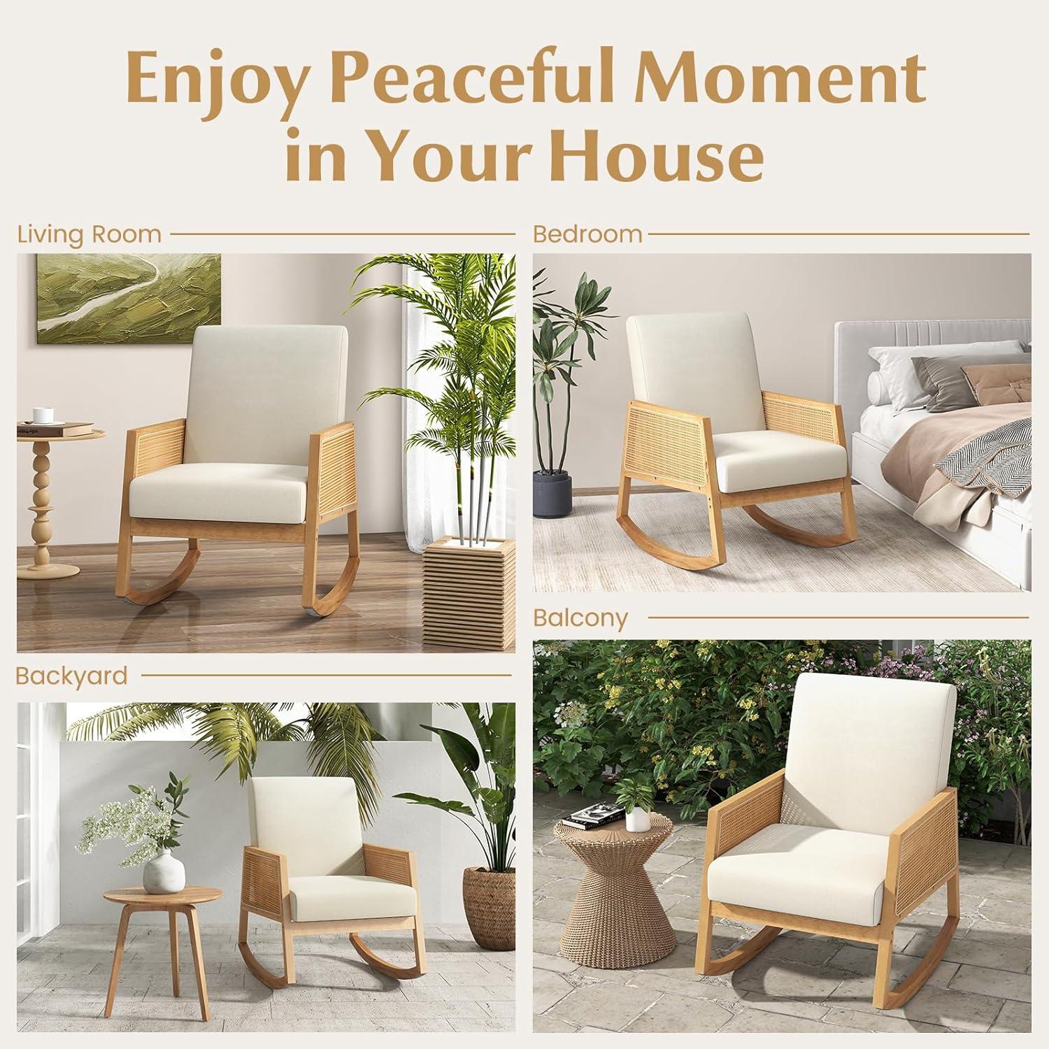 image:imageGiantex Rocking Chair Fabric Upholstered Glider Rocker Chair with Armrest Rattan Accent Armchair with Soft Padded Seat Max Load 330 Lbs Rocking Chair Nursery for Bedroom Living Room Reading