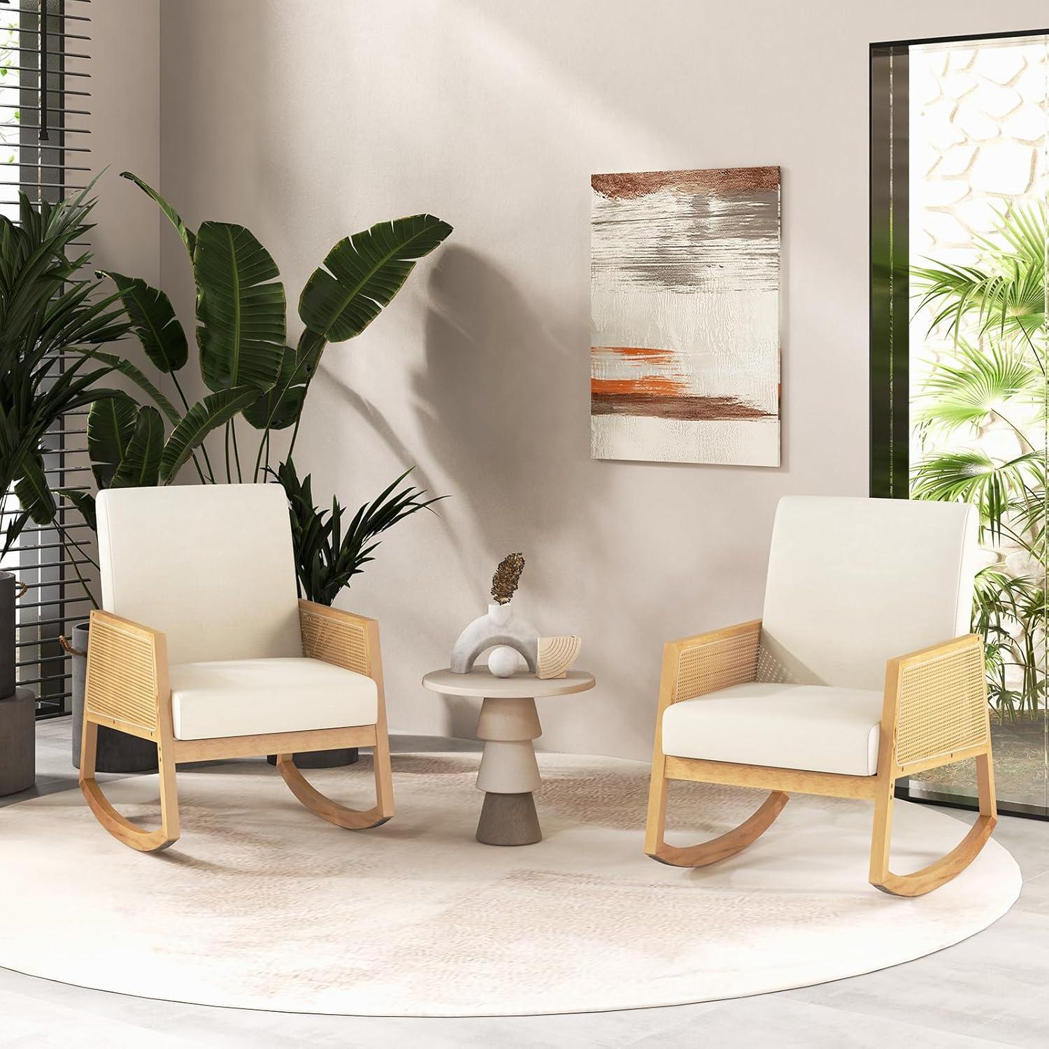 image:imageGiantex Rocking Chair Fabric Upholstered Glider Rocker Chair with Armrest Rattan Accent Armchair with Soft Padded Seat Max Load 330 Lbs Rocking Chair Nursery for Bedroom Living Room Reading