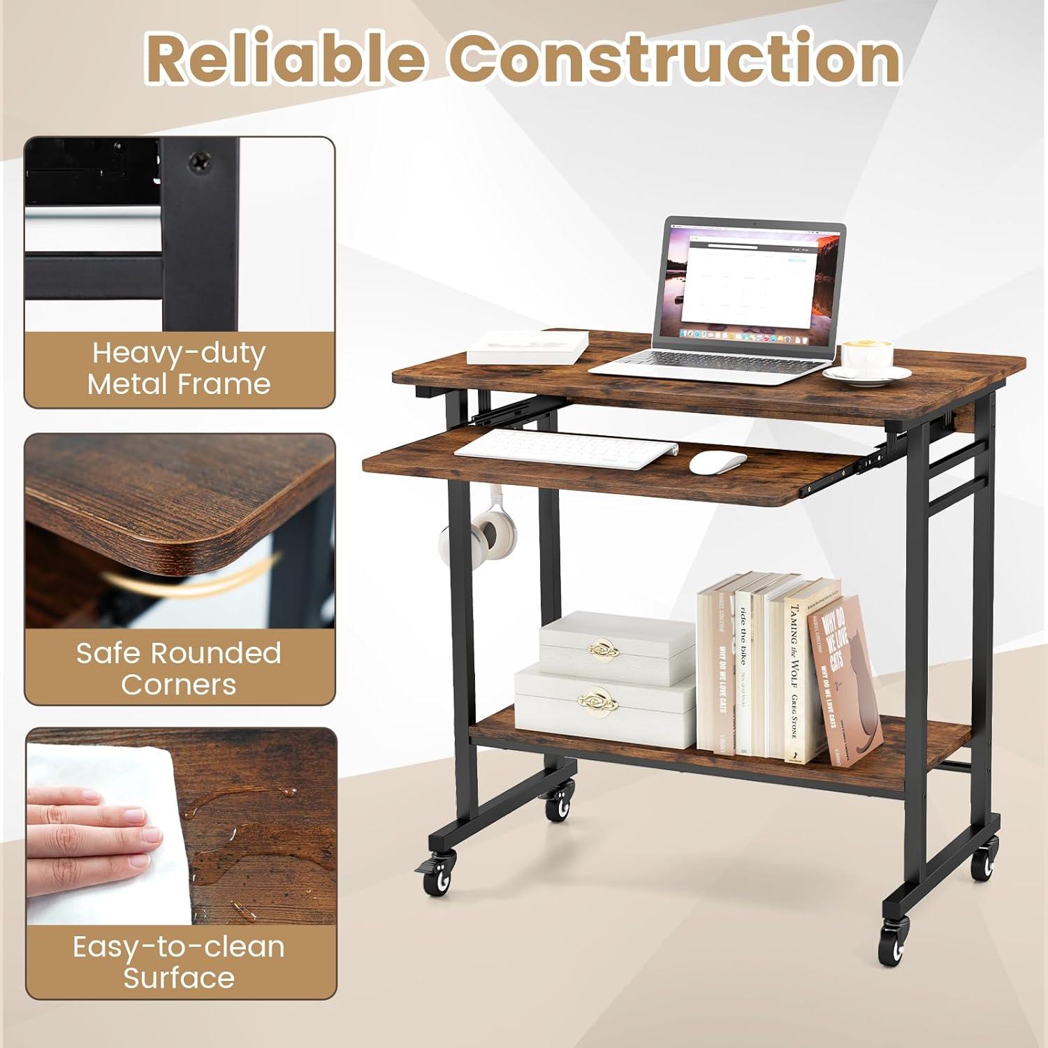 image:imageGiantex Rolling Computer Desk Mobile Desk with Keyboard Tray amp Wheels Portable Laptop PC Table Cart with Shelf amp Hooks Small Desk for Small Spaces Bedroom Apartment