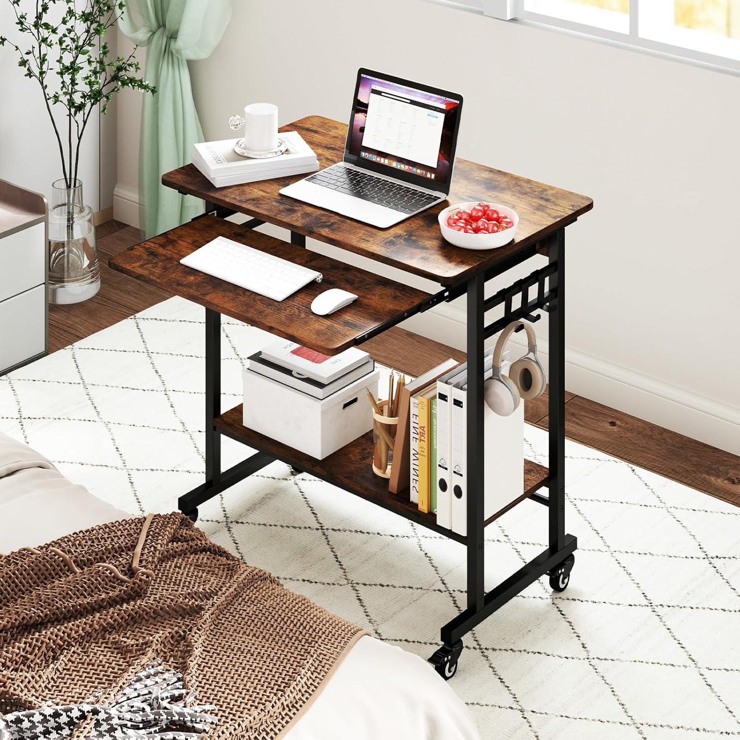image:imageGiantex Rolling Computer Desk Mobile Desk with Keyboard Tray amp Wheels Portable Laptop PC Table Cart with Shelf amp Hooks Small Desk for Small Spaces Bedroom Apartment