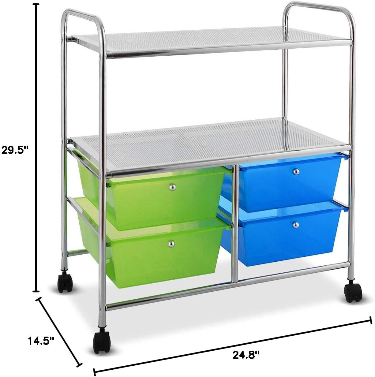 image:imageGiantex Rolling Storage Cart w 4 Drawers 2 Shelves Metal Rack Shelf Home Office School Beauty Salon Utility Organizer Cart with Wheels Blue amp GreenBlue Green Chrome Finish